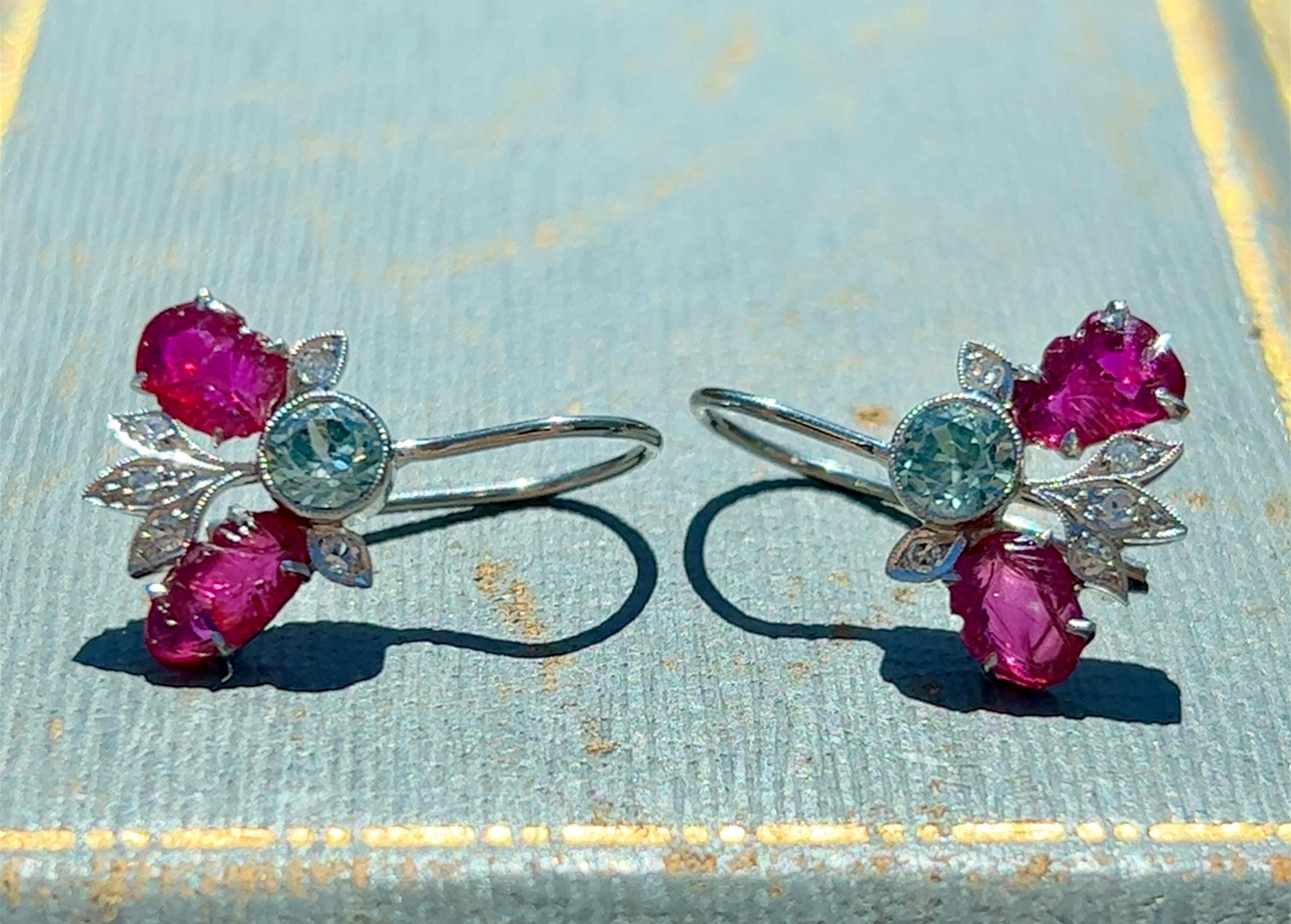 Art Deco Platinum Ruby, Blue Zircon, and Diamond Earrings 1