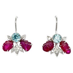 Antique Art Deco Platinum Ruby, Blue Zircon, and Diamond Earrings