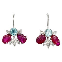 Art Deco Platinum Ruby, Blue Zircon, and Diamond Earrings