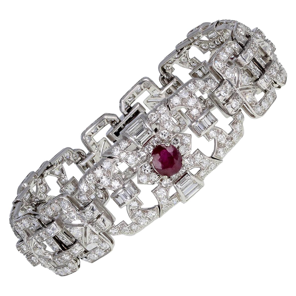 Art Deco Ruby Diamond Platinum Bracelet For Sale at 1stDibs