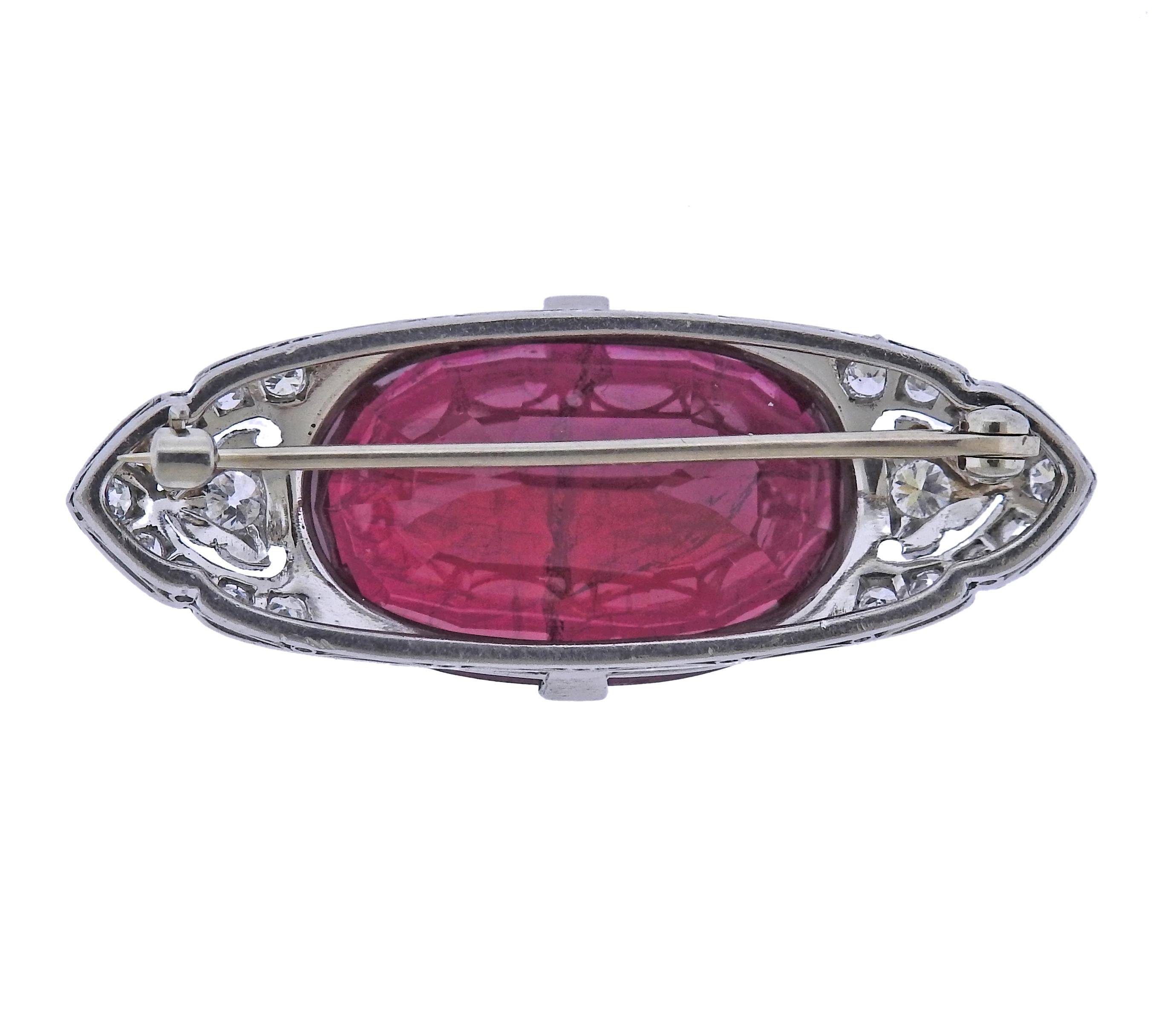 Art Deco Platinum Ruby Diamond Brooch In Excellent Condition In New York, NY