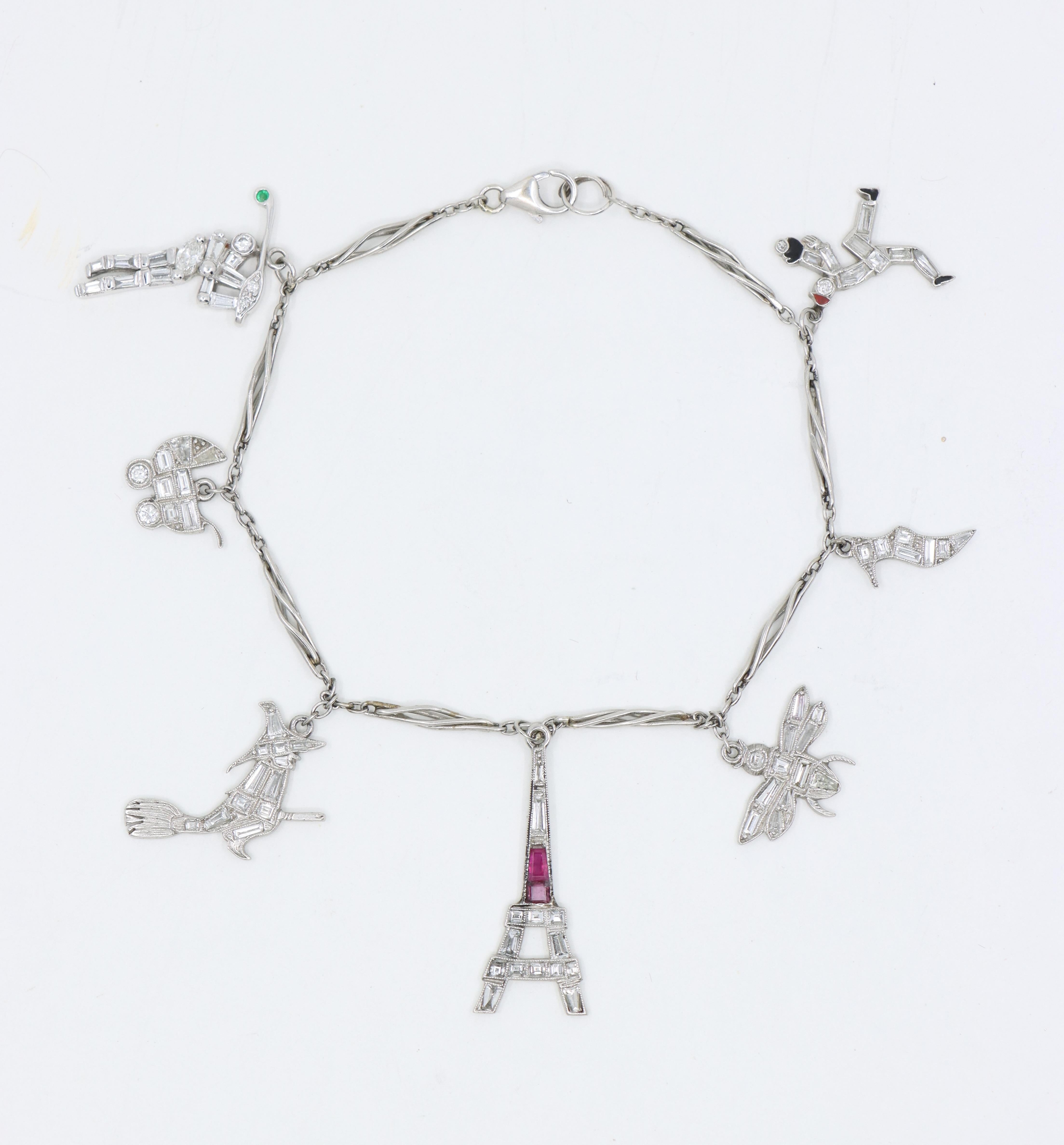 Art Deco Platin Rubin-Diamant-Charm-Armband (Art déco) im Angebot