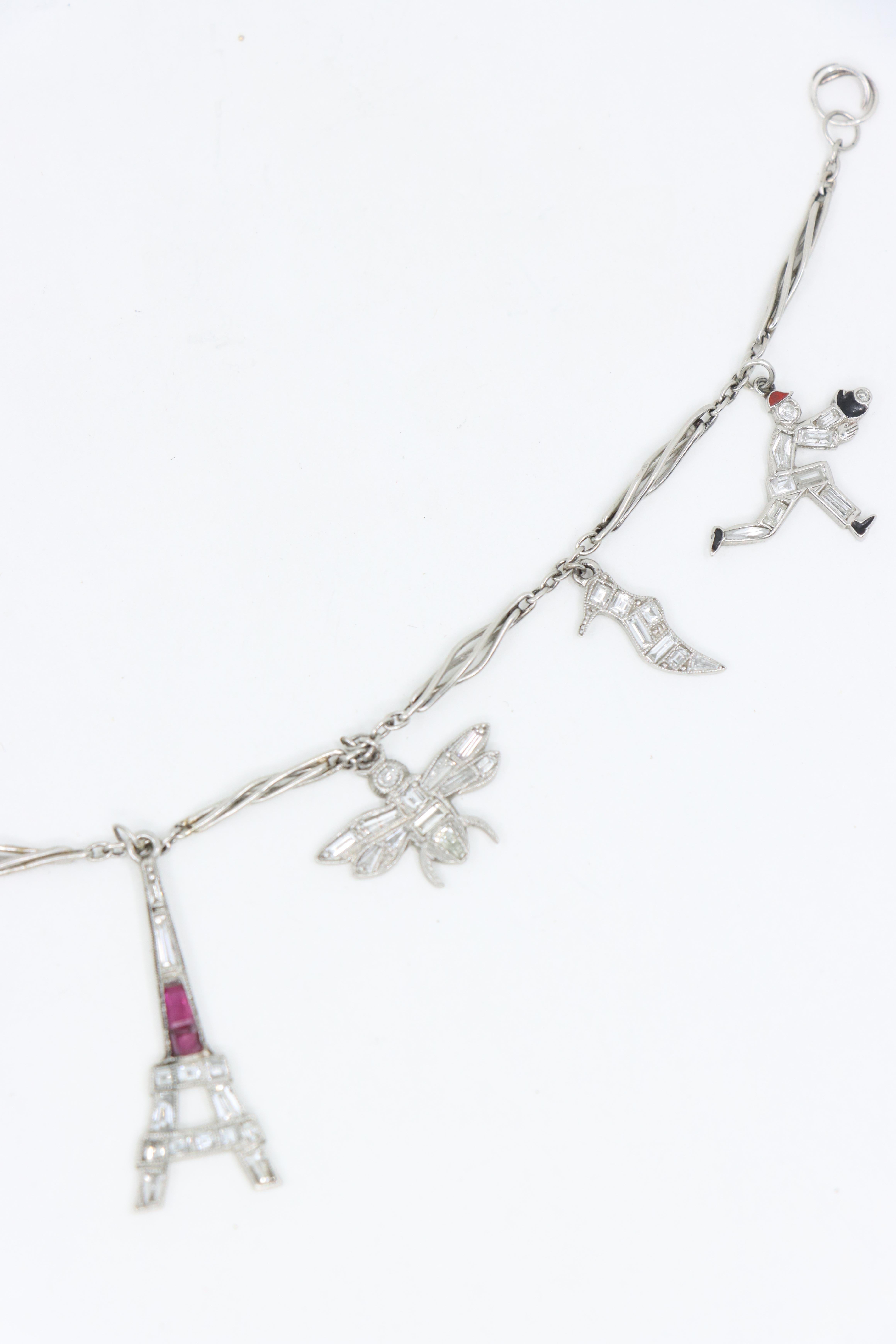 Art Deco Platin Rubin-Diamant-Charm-Armband im Angebot 2