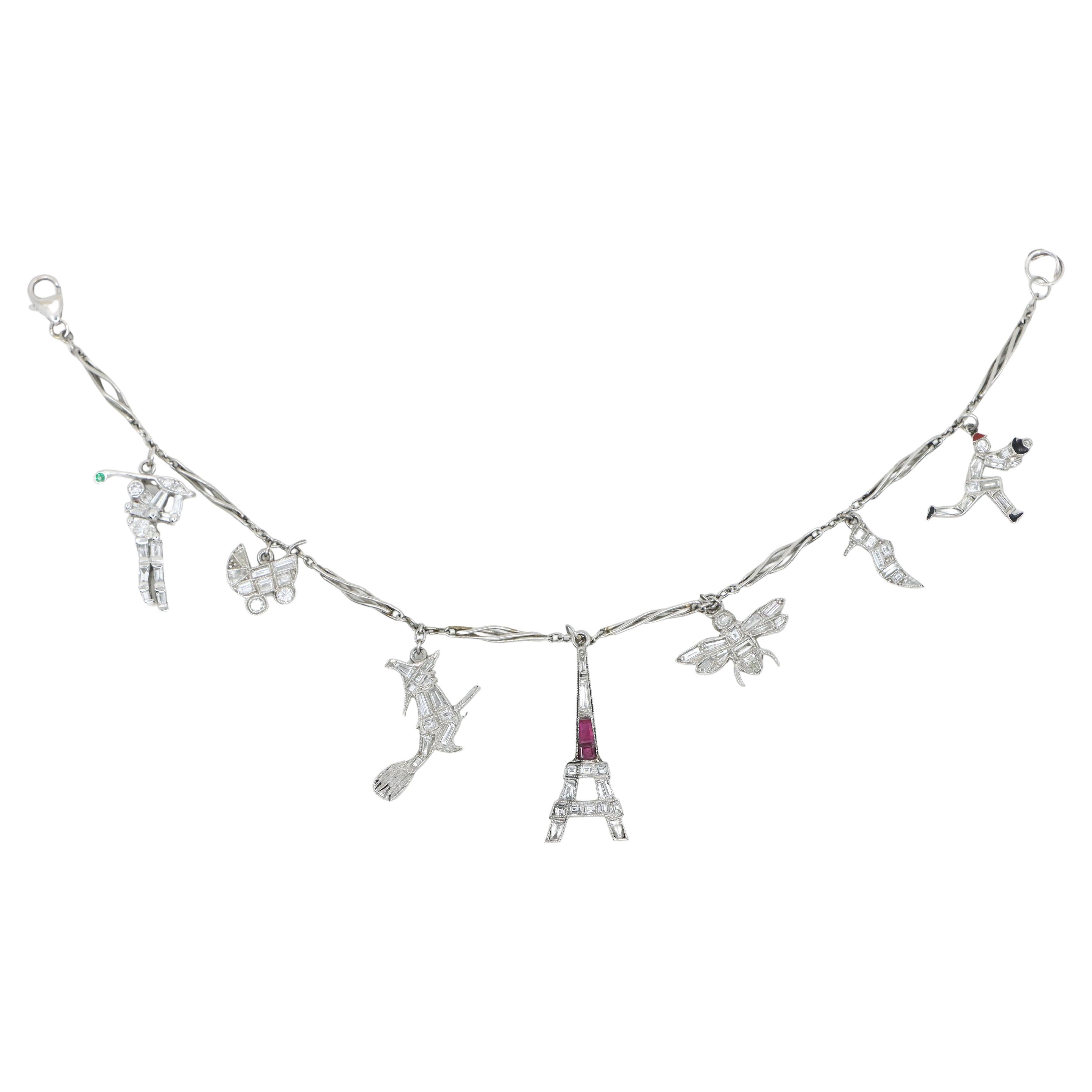 Art Deco Platin Rubin-Diamant-Charm-Armband im Angebot
