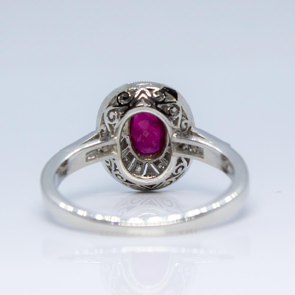 Old Mine Cut Art Deco Platinum Ruby and Diamond Ring For Sale