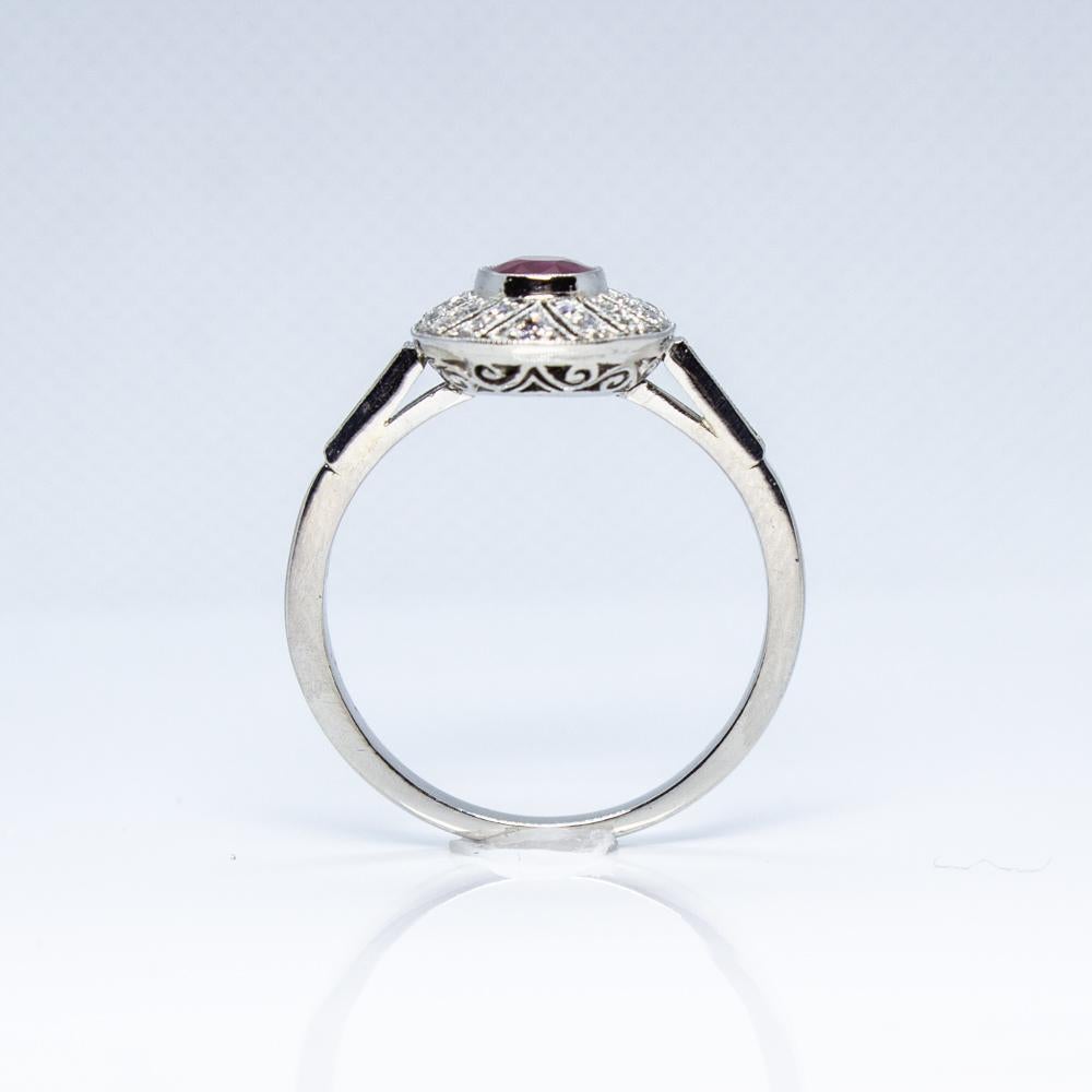 Women's or Men's Art Deco Platinum Ruby and Diamond Ring For Sale