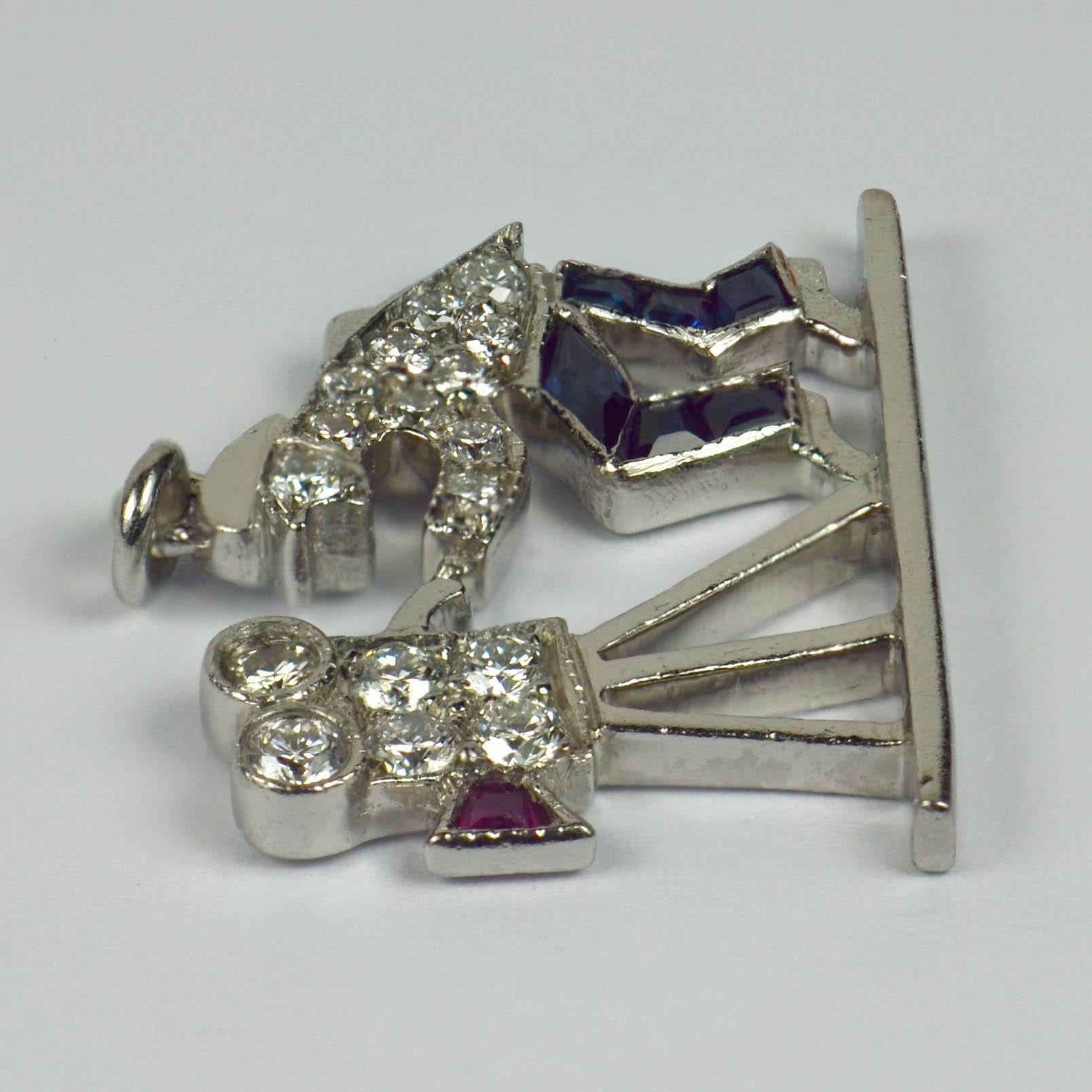 Women's or Men's Art Deco Platinum Ruby Sapphire Diamond Hollywood Film Cameraman Charm Pendant