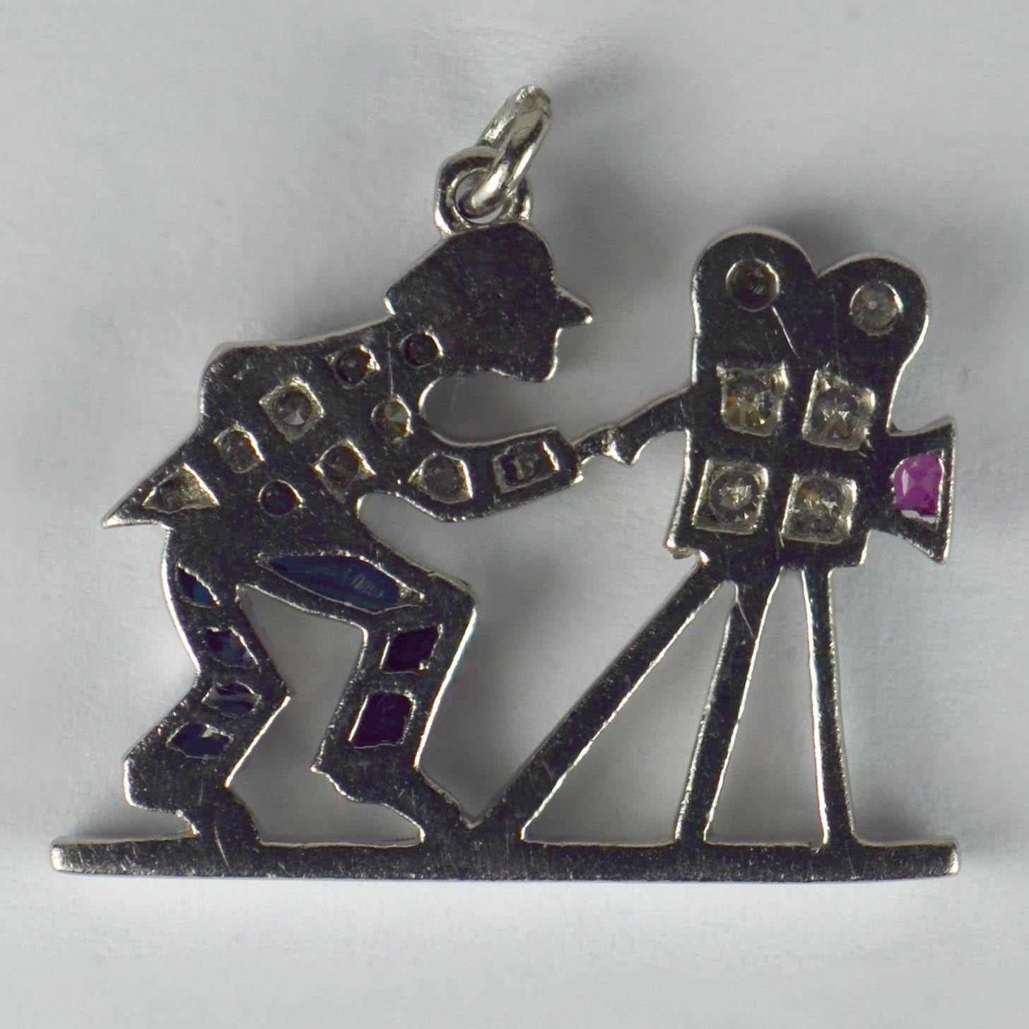 Art Deco Platinum Ruby Sapphire Diamond Hollywood Film Cameraman Charm Pendant 1