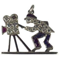 Vintage Art Deco Platinum Ruby Sapphire Diamond Hollywood Film Cameraman Charm Pendant