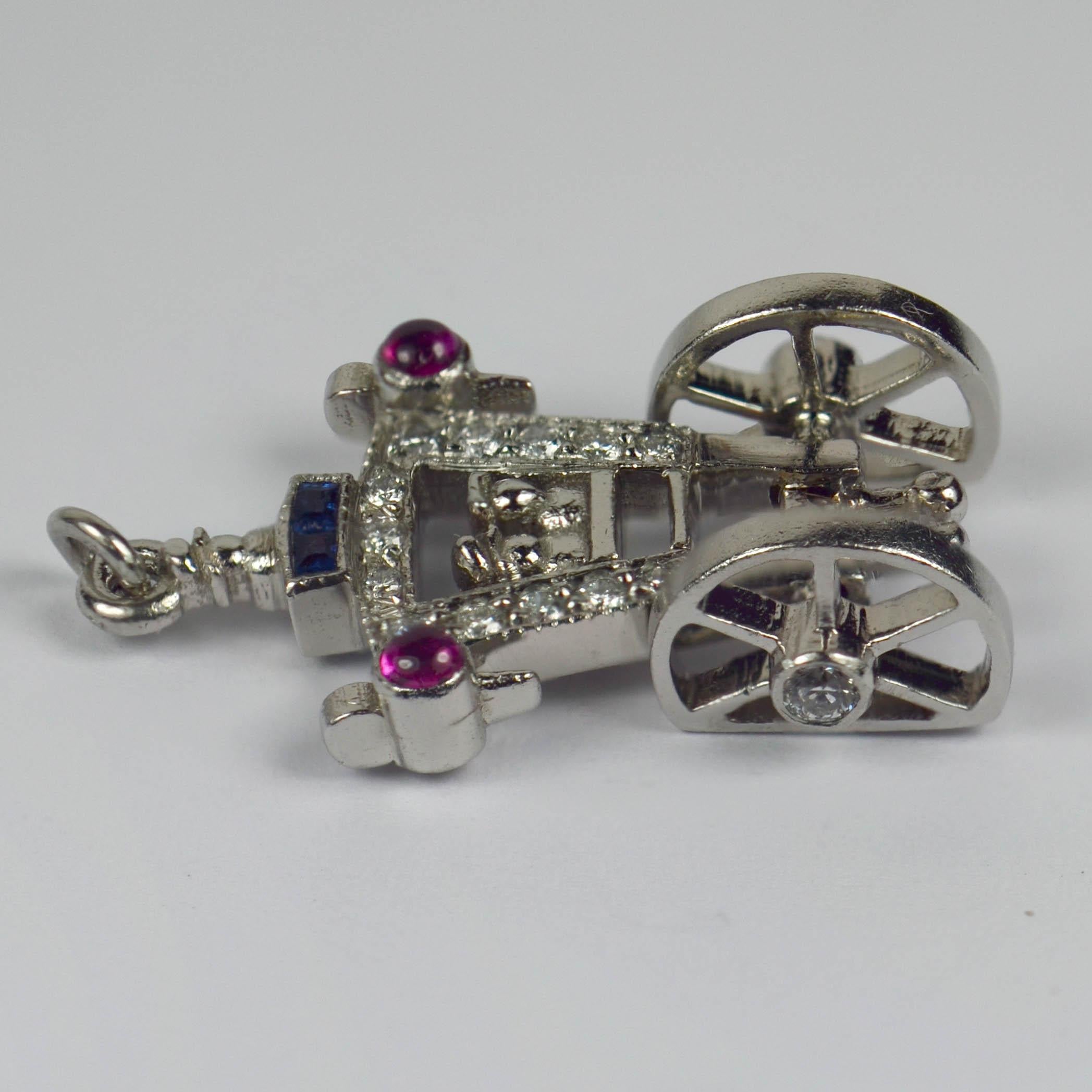 Round Cut Art Deco Platinum Ruby Sapphire Diamond Just Married Carriage Charm Pendant For Sale