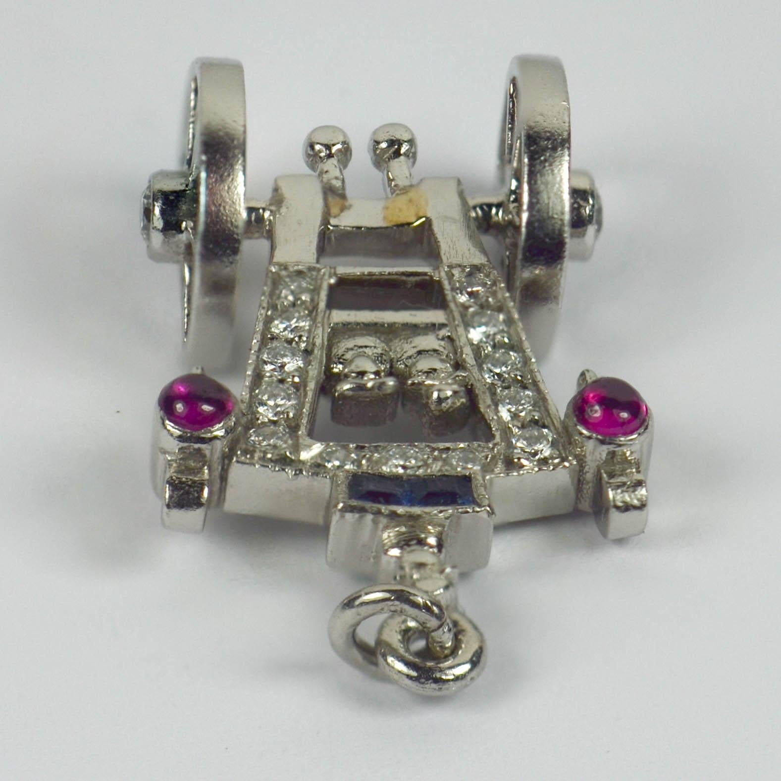 Art Deco Platinum Ruby Sapphire Diamond Just Married Carriage Charm Pendant In Good Condition For Sale In London, GB