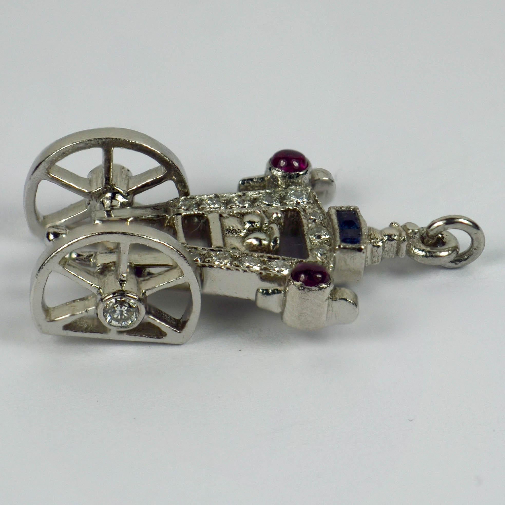 Women's or Men's Art Deco Platinum Ruby Sapphire Diamond Just Married Carriage Charm Pendant For Sale