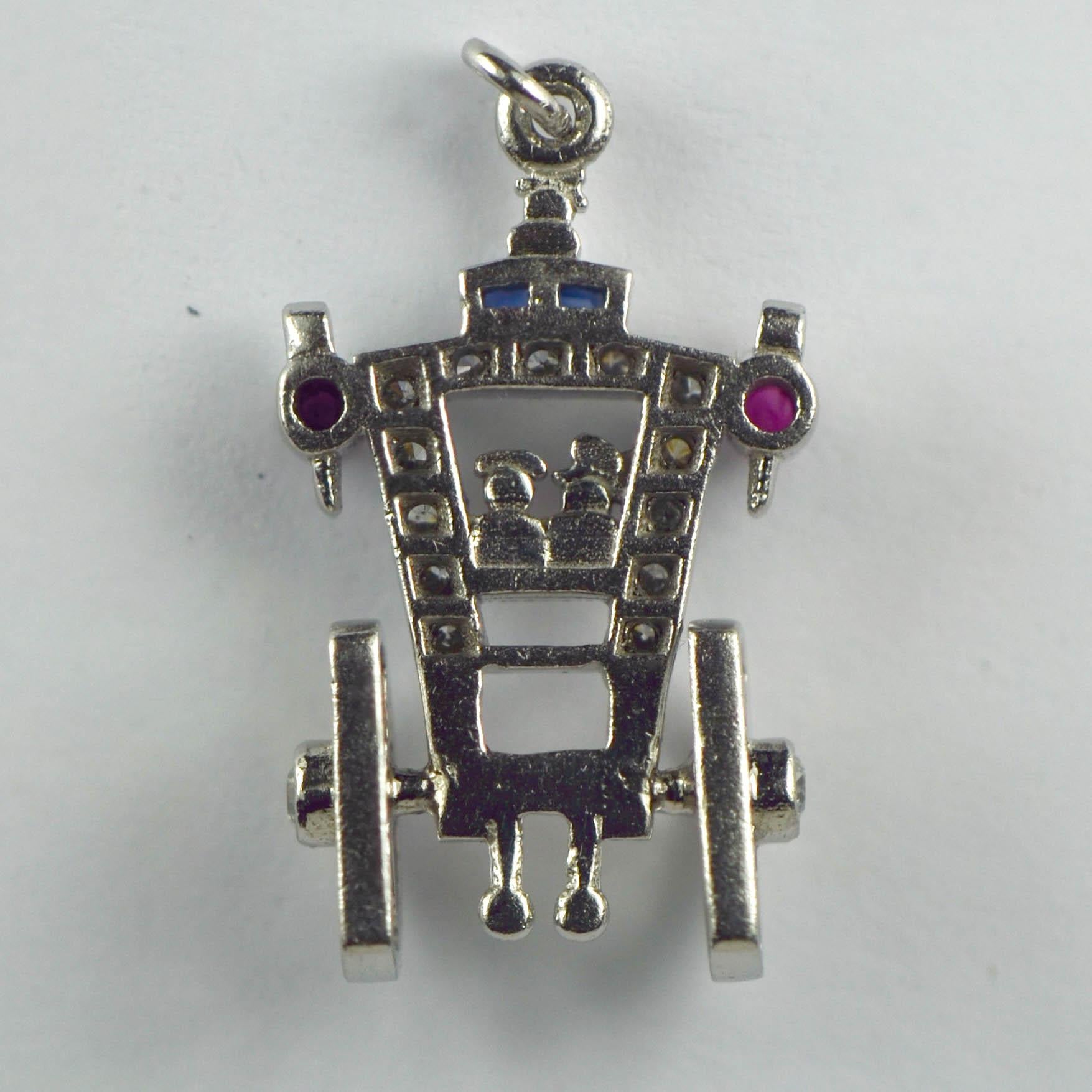 Art Deco Platinum Ruby Sapphire Diamond Just Married Carriage Charm Pendant For Sale 1