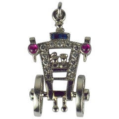 Art Deco Platinum Ruby Sapphire Diamond Just Married Carriage Charm Pendant