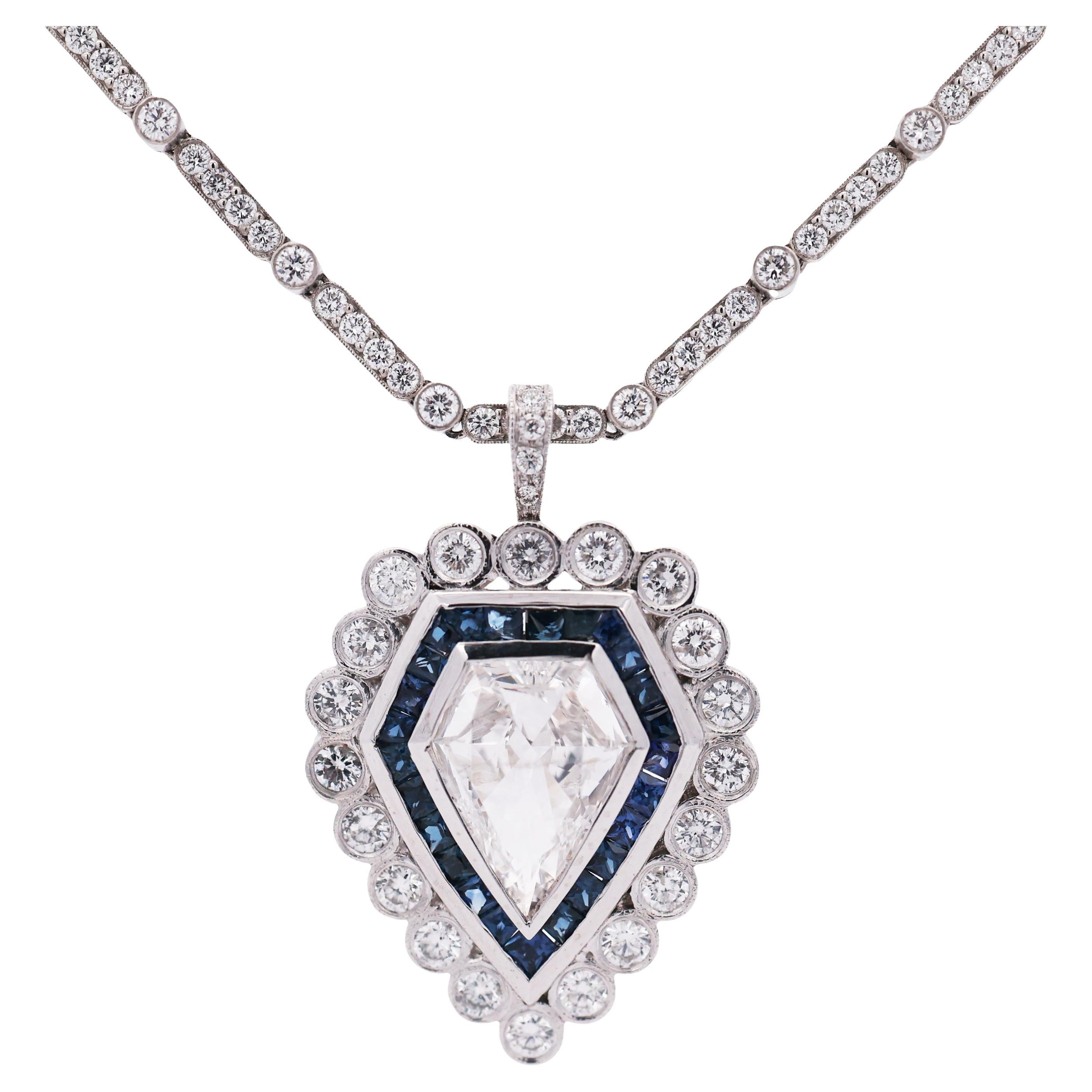 Collier pendentif Art déco platine saphir 2,61 ct diamant, GIA