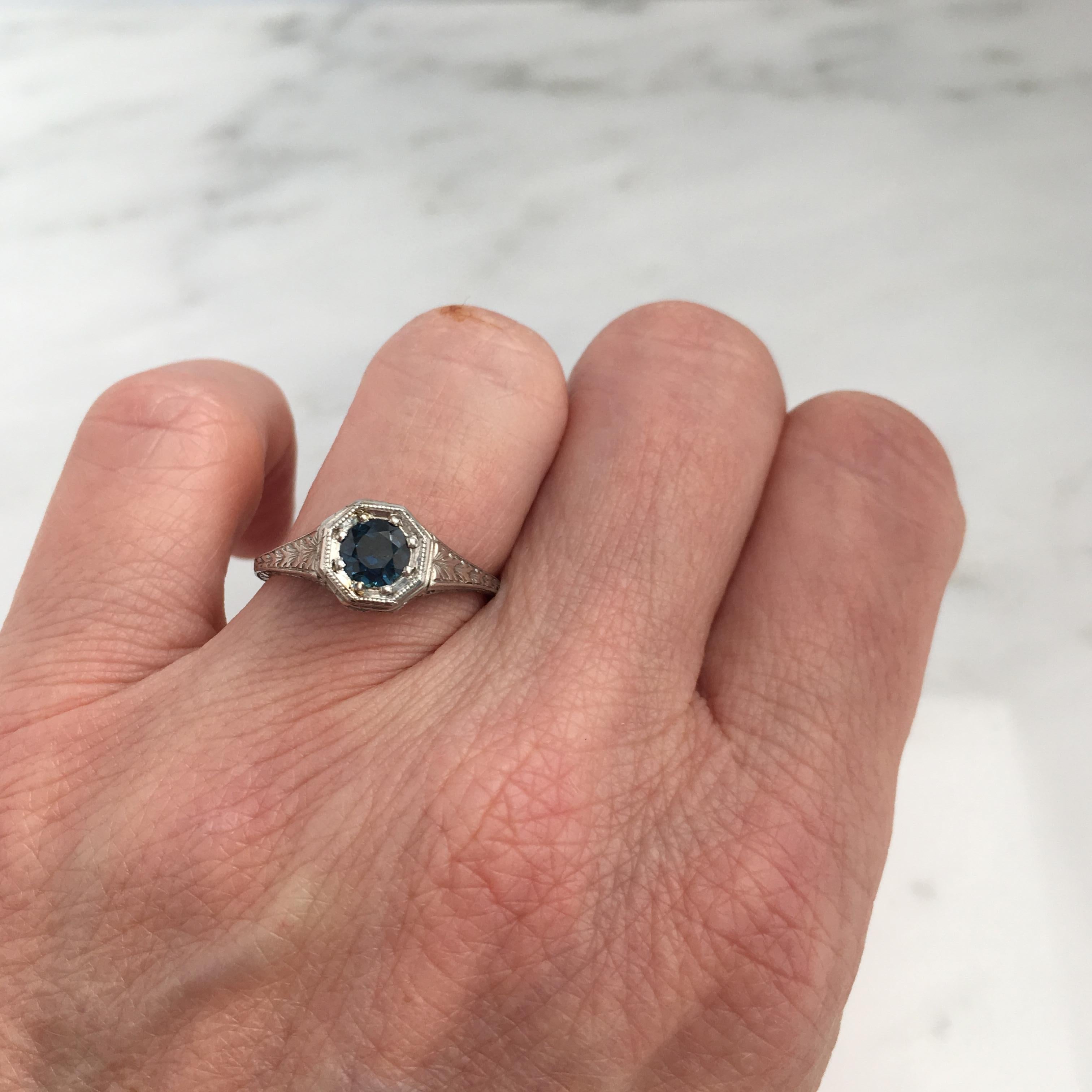 Round Cut Art Deco Platinum Sapphire .40 Carat Engagement Ring For Sale