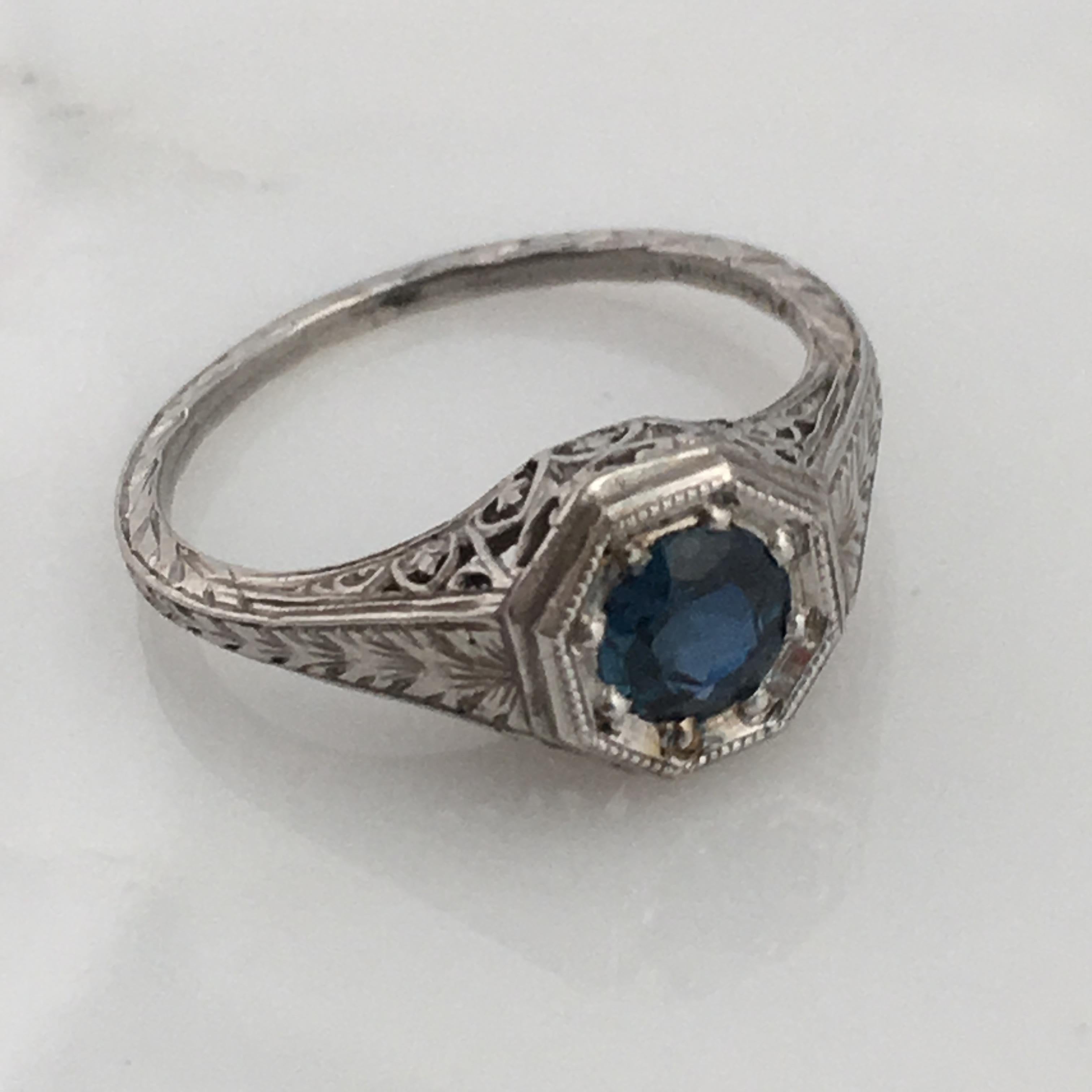 Art Deco Platinum Sapphire .40 Carat Engagement Ring For Sale 1