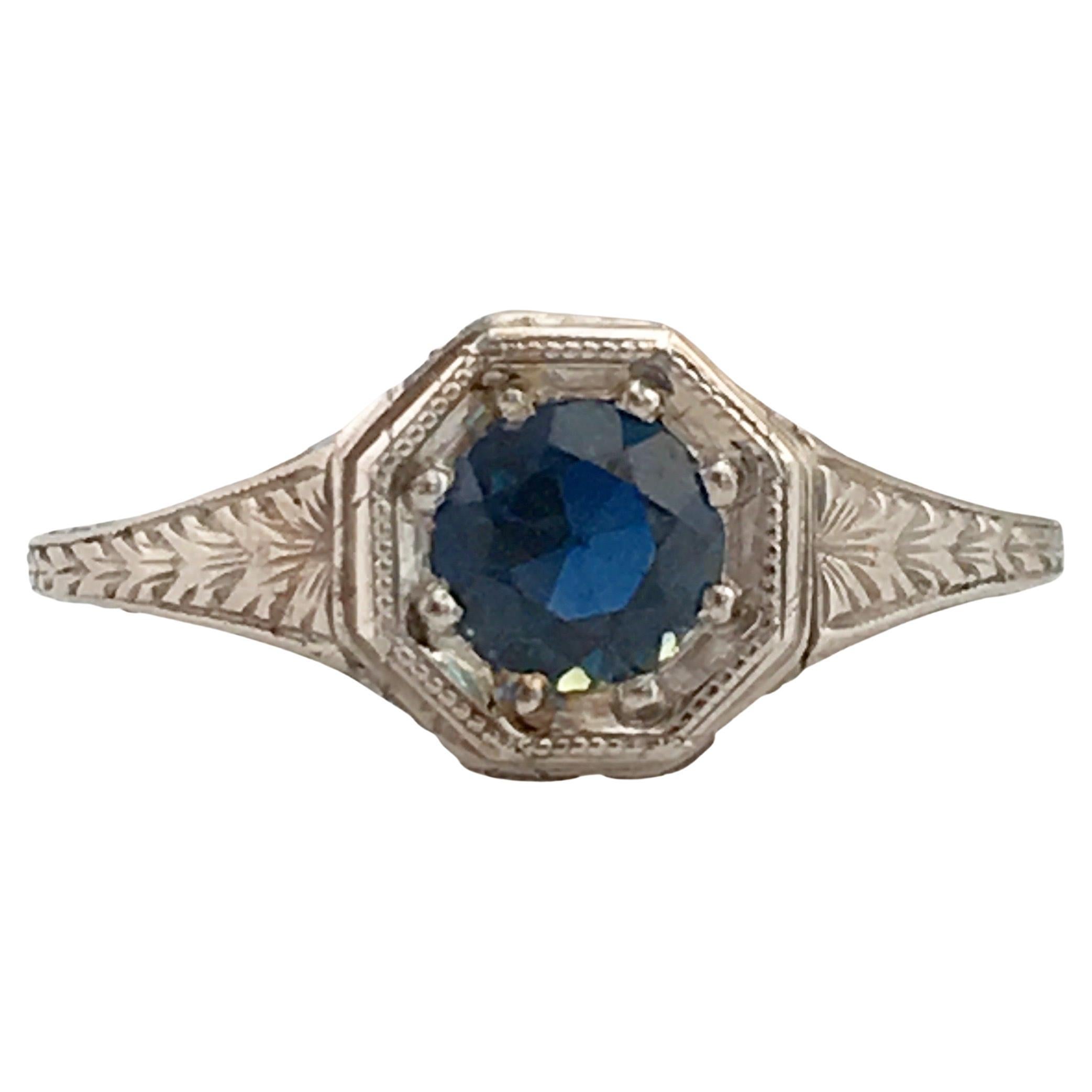 Art Deco Platinum Sapphire .40 Carat Engagement Ring For Sale