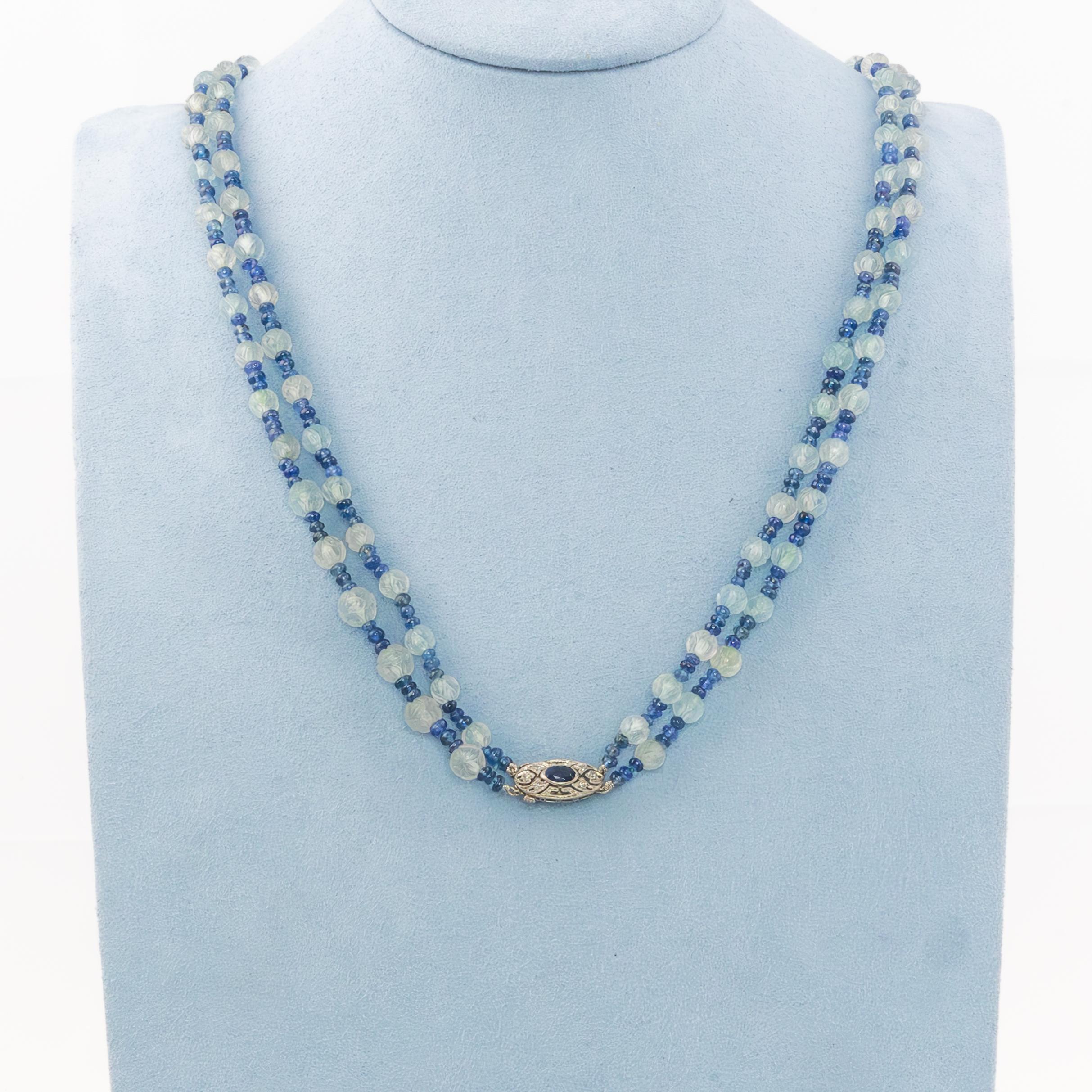 Retro Art Deco Platinum, Sapphire, and Aquamarine Bead Double Strand Necklace For Sale