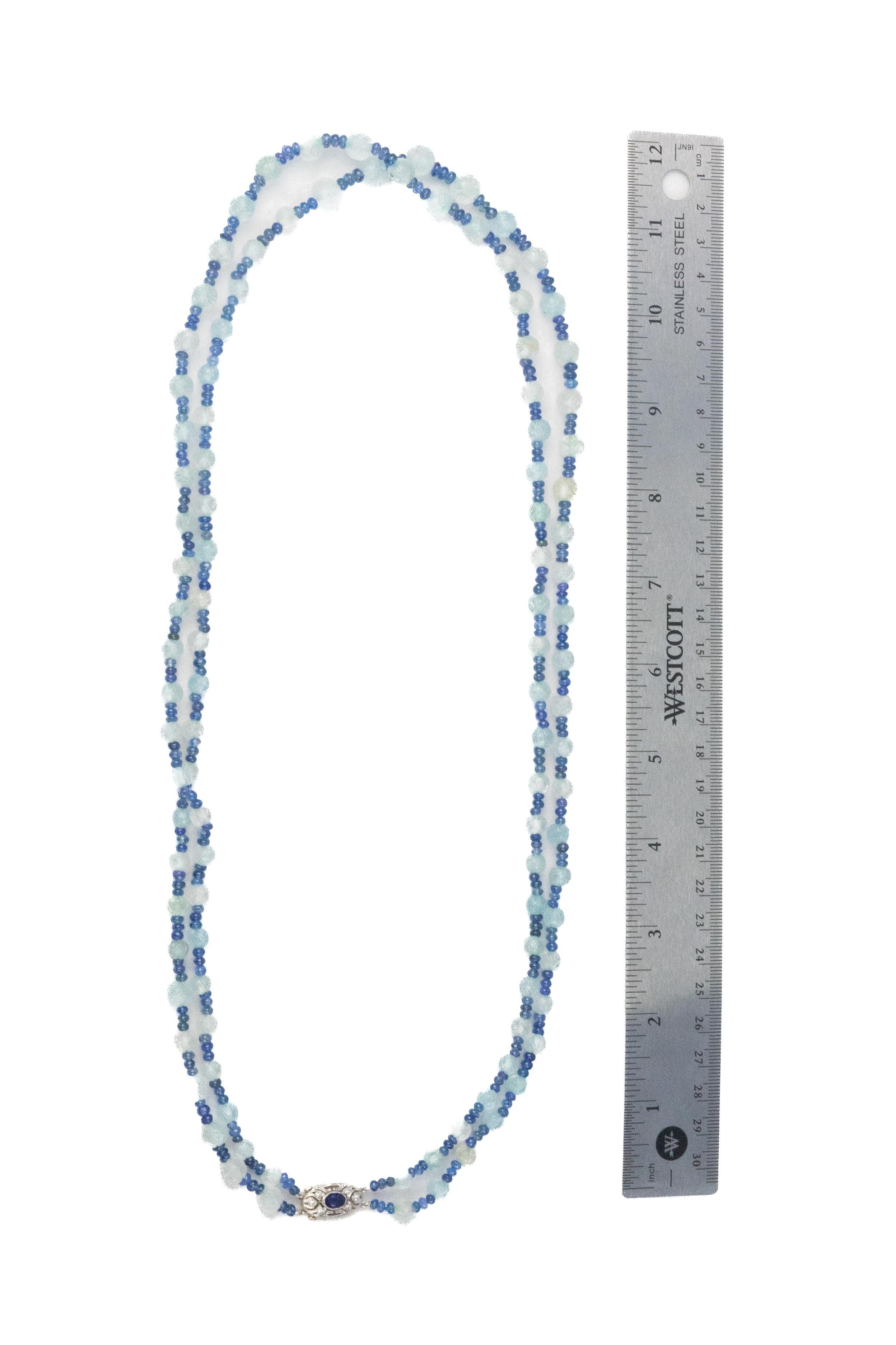Round Cut Art Deco Platinum, Sapphire, and Aquamarine Bead Double Strand Necklace For Sale