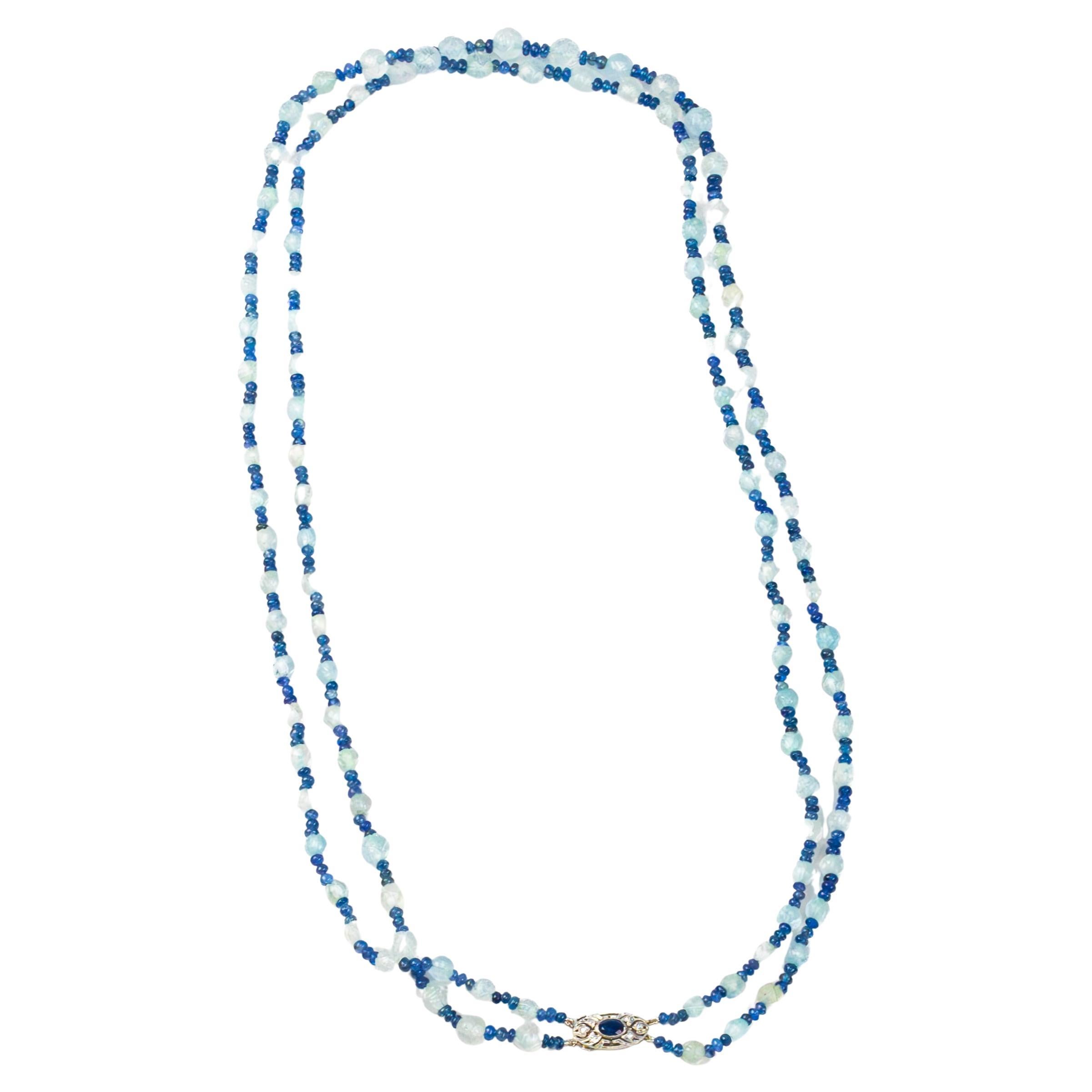 Art Deco Platinum, Sapphire, and Aquamarine Bead Double Strand Necklace For Sale