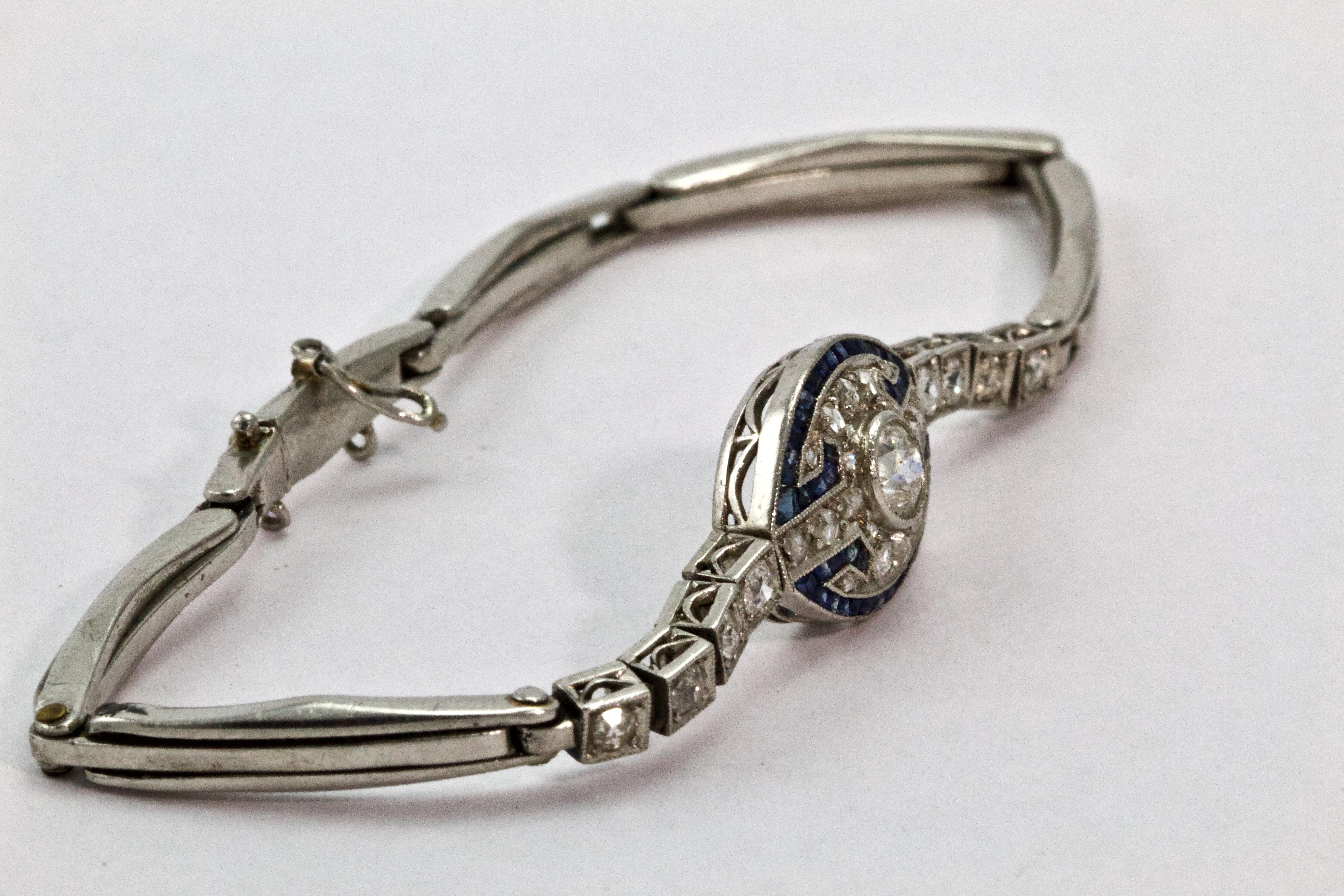Old European Cut Art Deco Platinum Sapphire and Diamond Bracelet