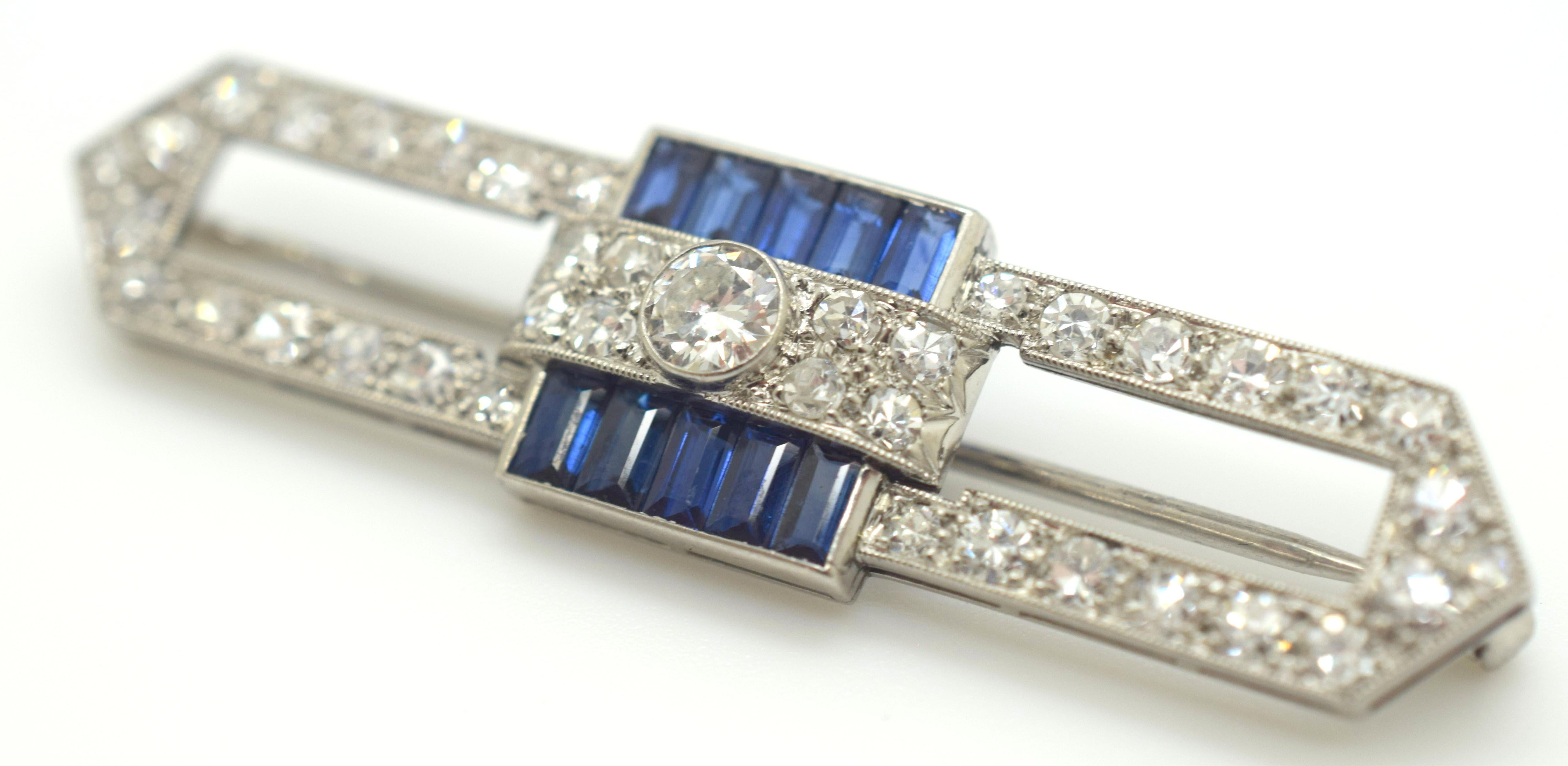 Art Deco Platinum Sapphire and Diamond Brooch In Excellent Condition In MIAMI, FL