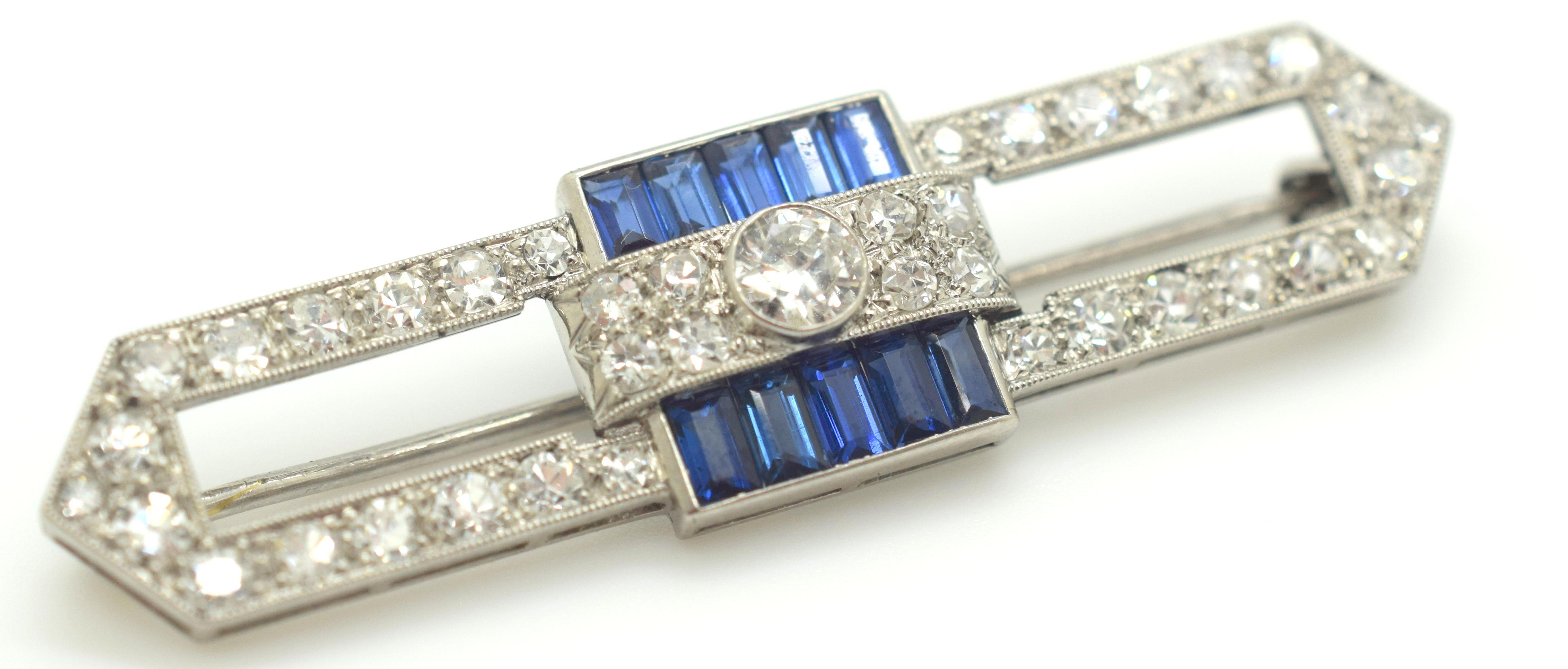 Women's or Men's Art Deco Platinum Sapphire and Diamond Brooch