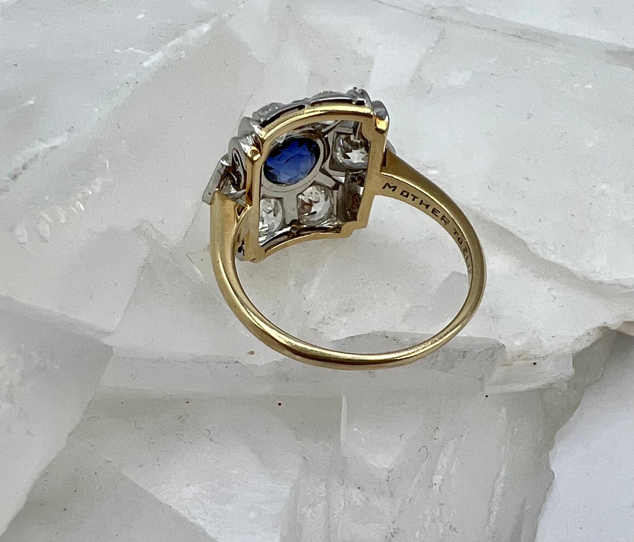 Round Cut Art Deco Platinum, Sapphire and Diamond Cluster Ring