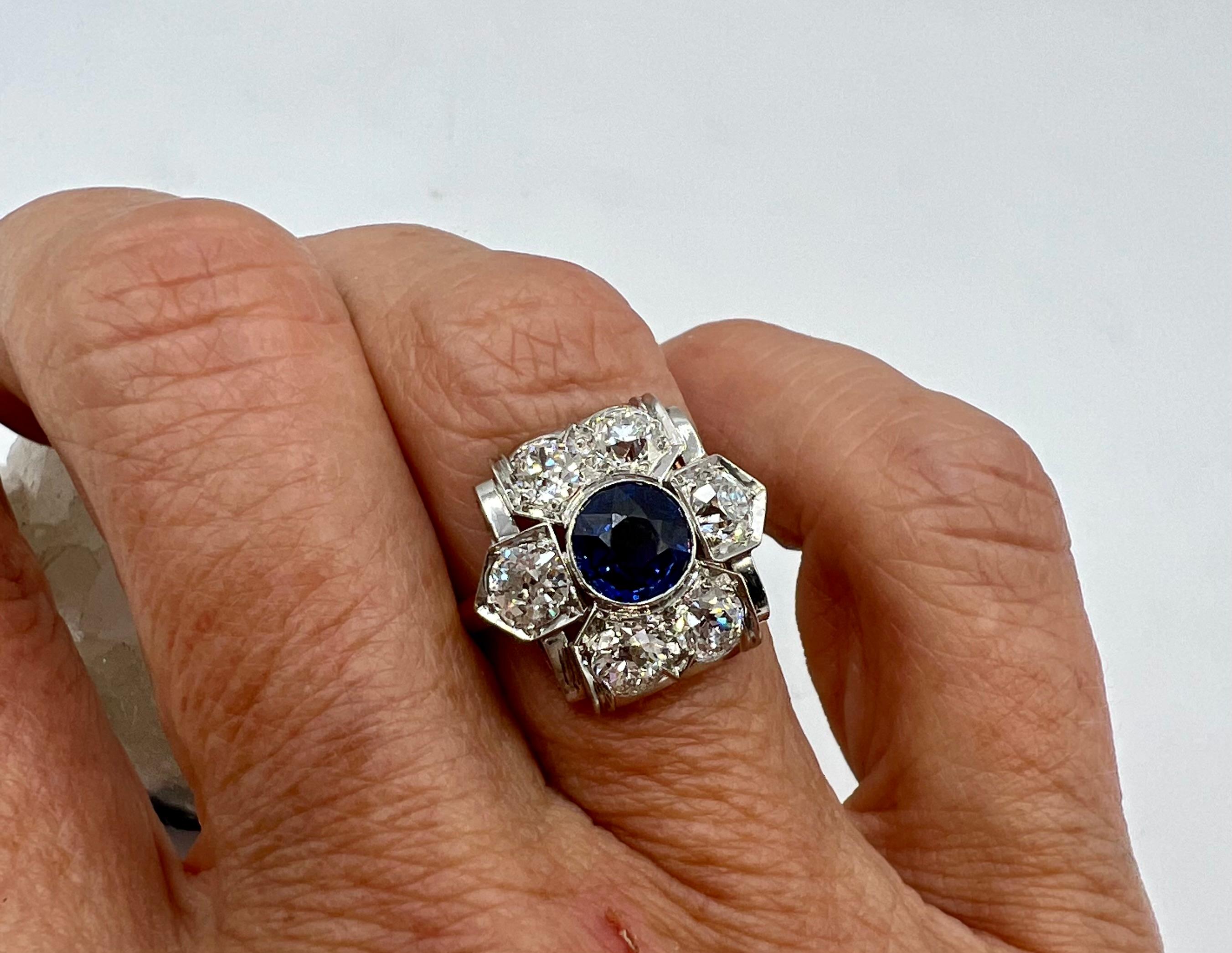Art Deco Platinum, Sapphire and Diamond Cluster Ring In Excellent Condition In Berkeley, CA