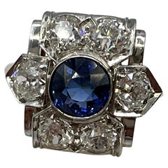 Art Deco Platinum, Sapphire and Diamond Cluster Ring