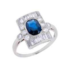 Bague de fiançailles Art déco en platine avec saphir et diamant