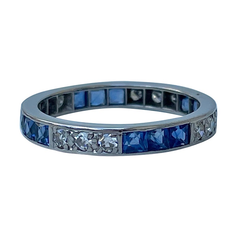 Art Deco Platinum Sapphire and Diamond Full Eternity Band Ring For