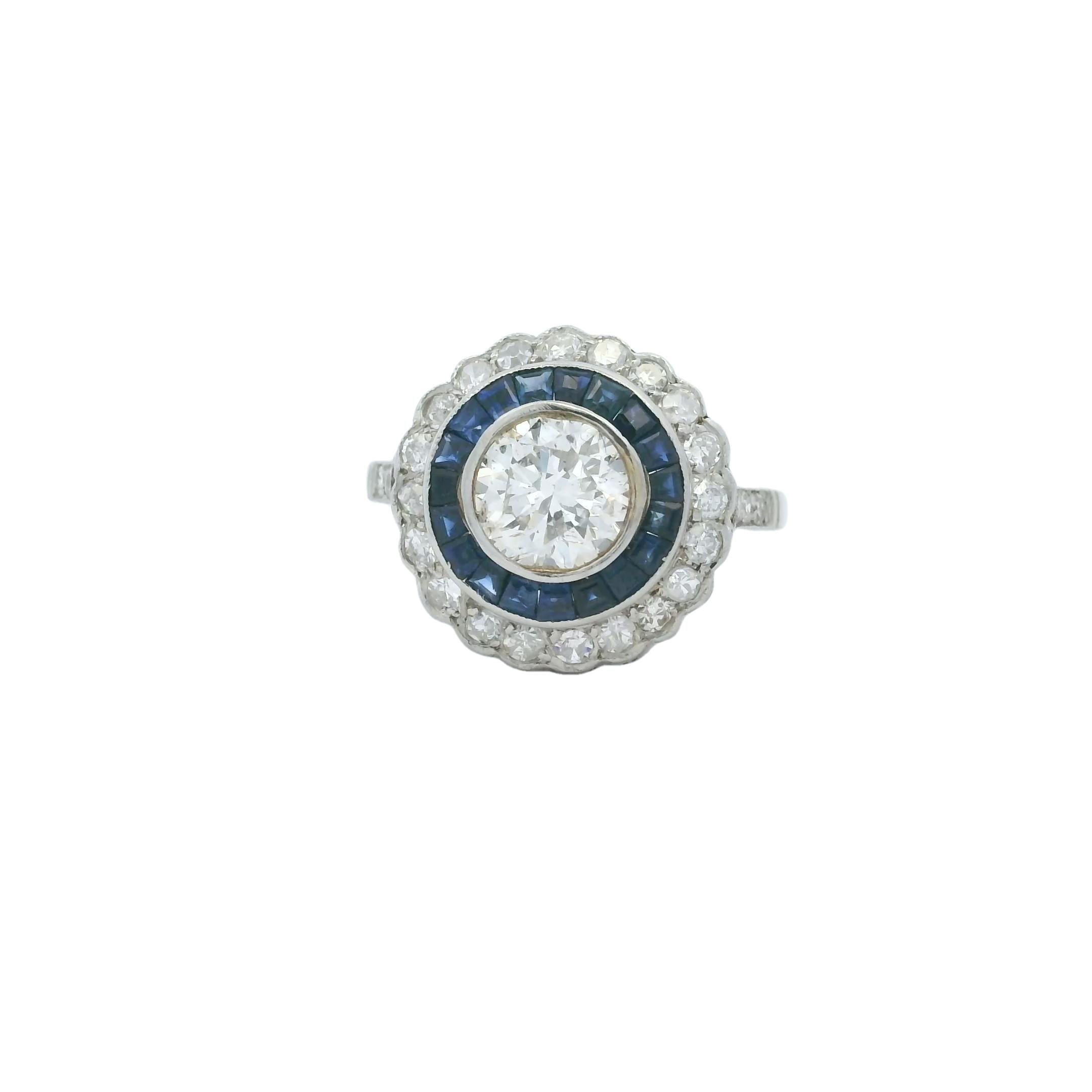 Round Cut Art Deco  Platinum Sapphire and Diamond Halo Engagement Ring, 2.30 Carat