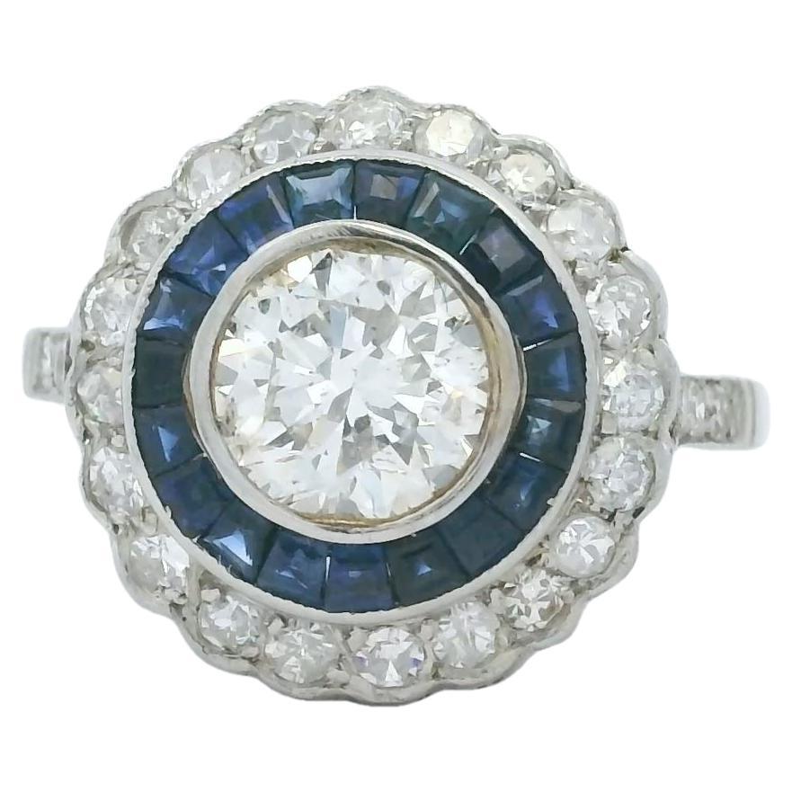 Art Deco  Platinum Sapphire and Diamond Halo Engagement Ring, 2.30 Carat