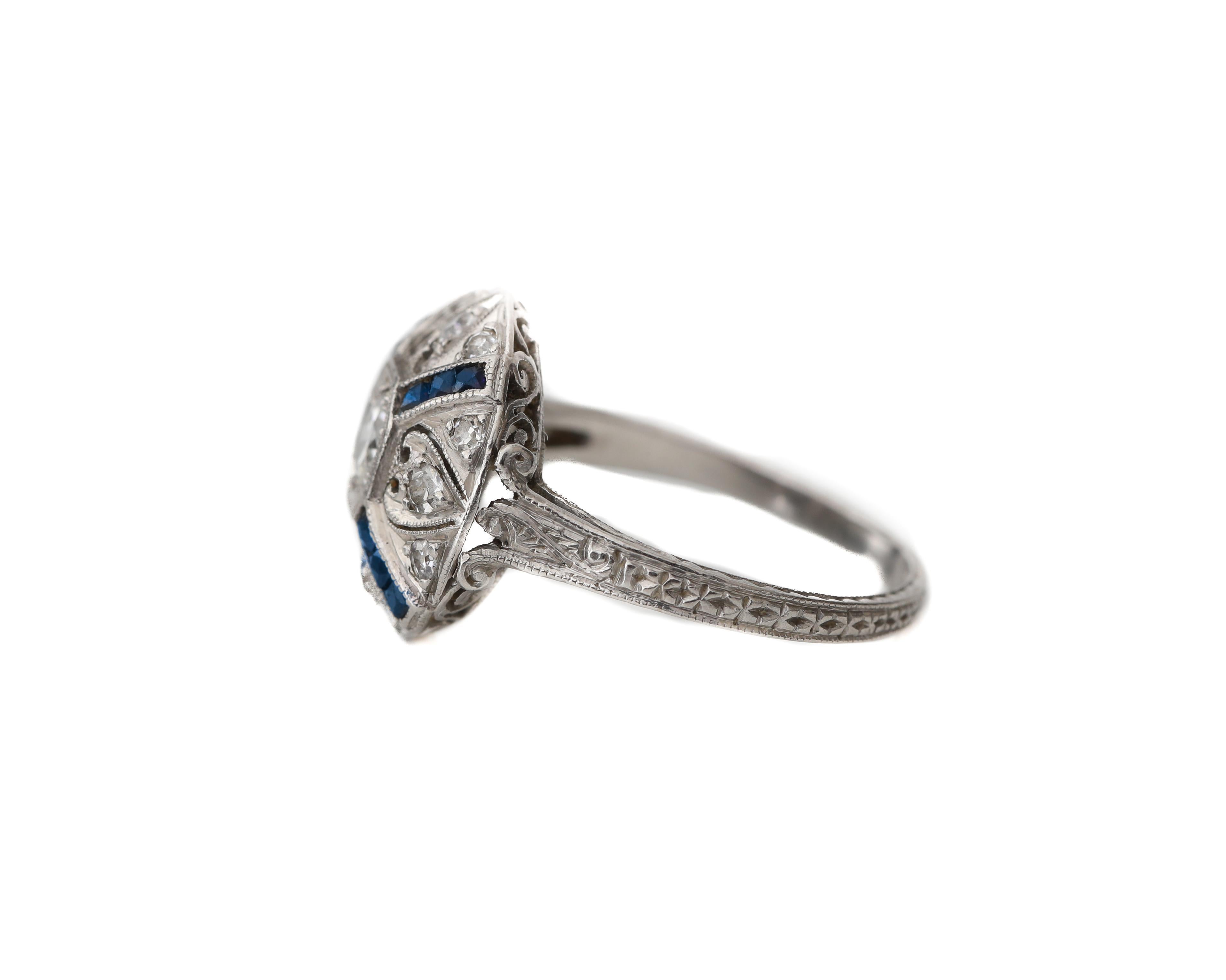 Art Deco Platinum Sapphire and Diamond Halo 'X' Ring with Etched Band In Good Condition In Addison, TX