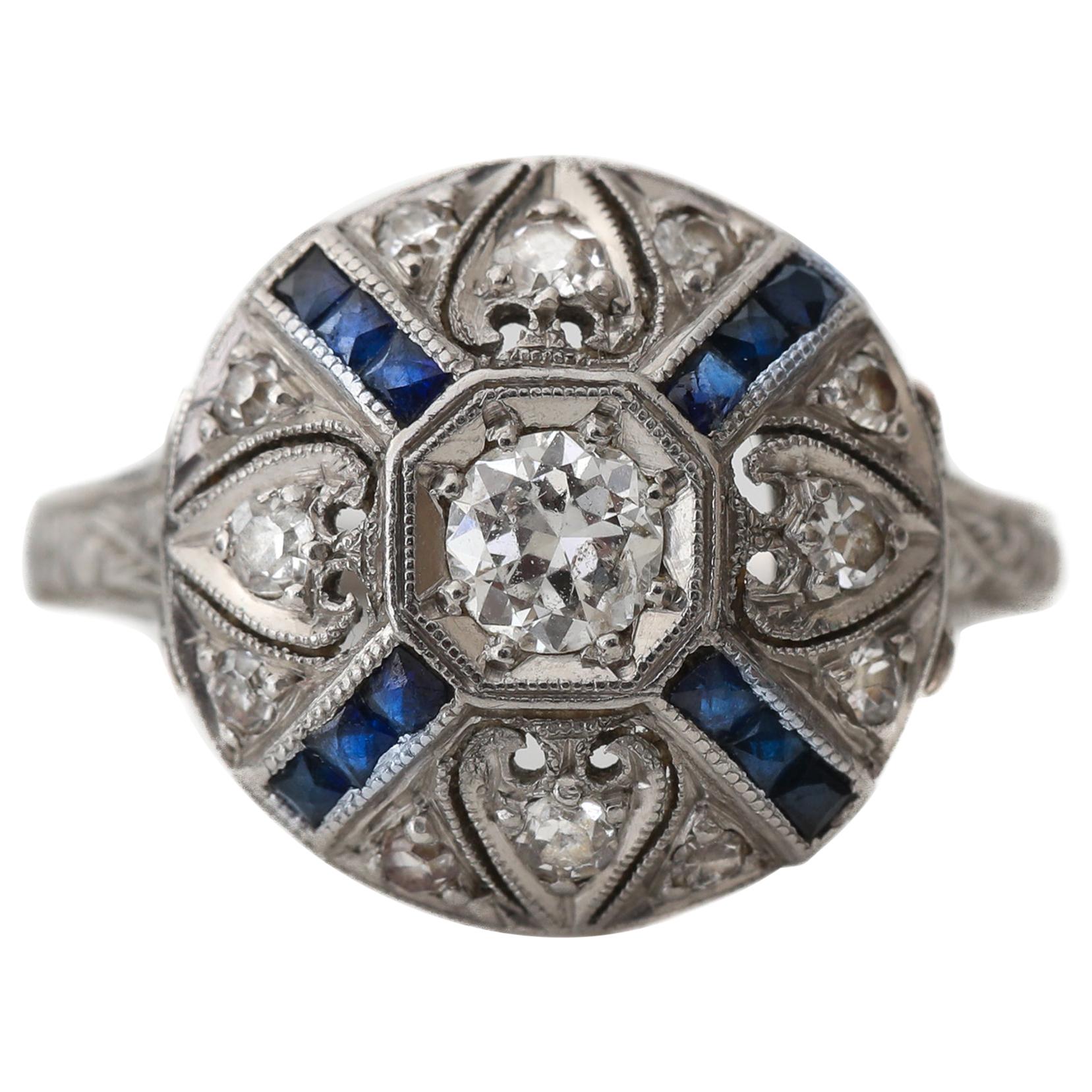 Art Deco Platinum Sapphire and Diamond Halo 'X' Ring with Etched Band