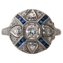 Art Deco Platinum Sapphire and Diamond Halo 'X' Ring with Etched Band