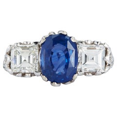 Antique Art Deco Platinum Sapphire and Diamond Ring, Circa 1920