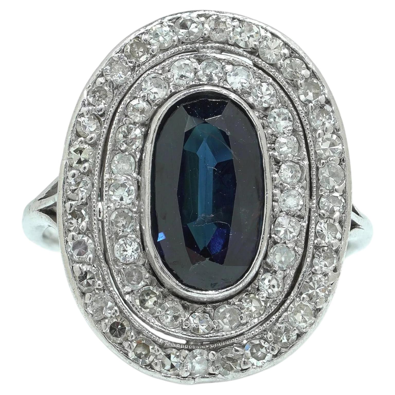 Art Deco Platinum Sapphire and Old Cut Diamond Ring