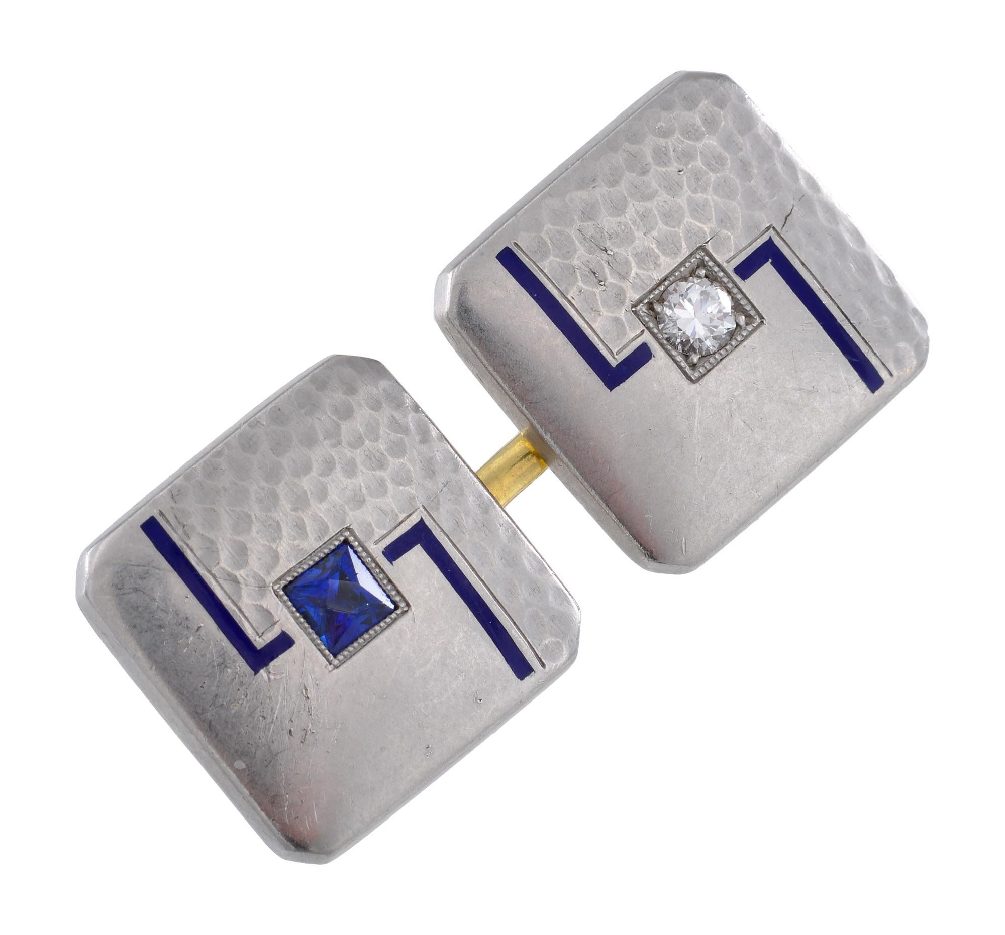 Chic pair of Art Deco Sapphire , Diamond  ,Enamel and Platinum on gold double cufflinks each set with square cut sapphires and diamonds Each segment measures 12.5 x 12.5mm.
Sapphires 3 x 3  mm
Diamonds 0. 05 cts each 
Weight of each cufflink 5.8 gms 