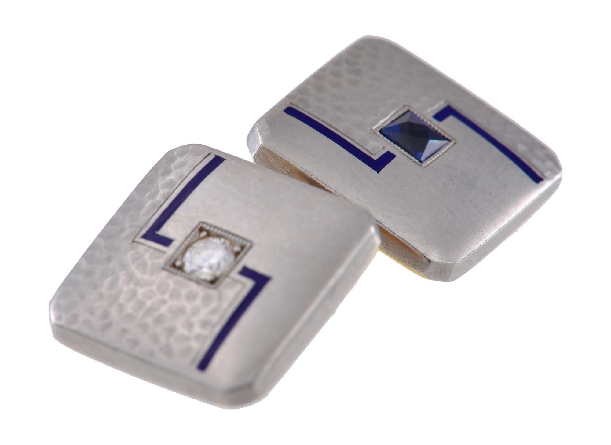 Art Deco Platinum, Sapphire, Diamond and Enamel Cufflinks In Good Condition For Sale In Melbourne, Victoria