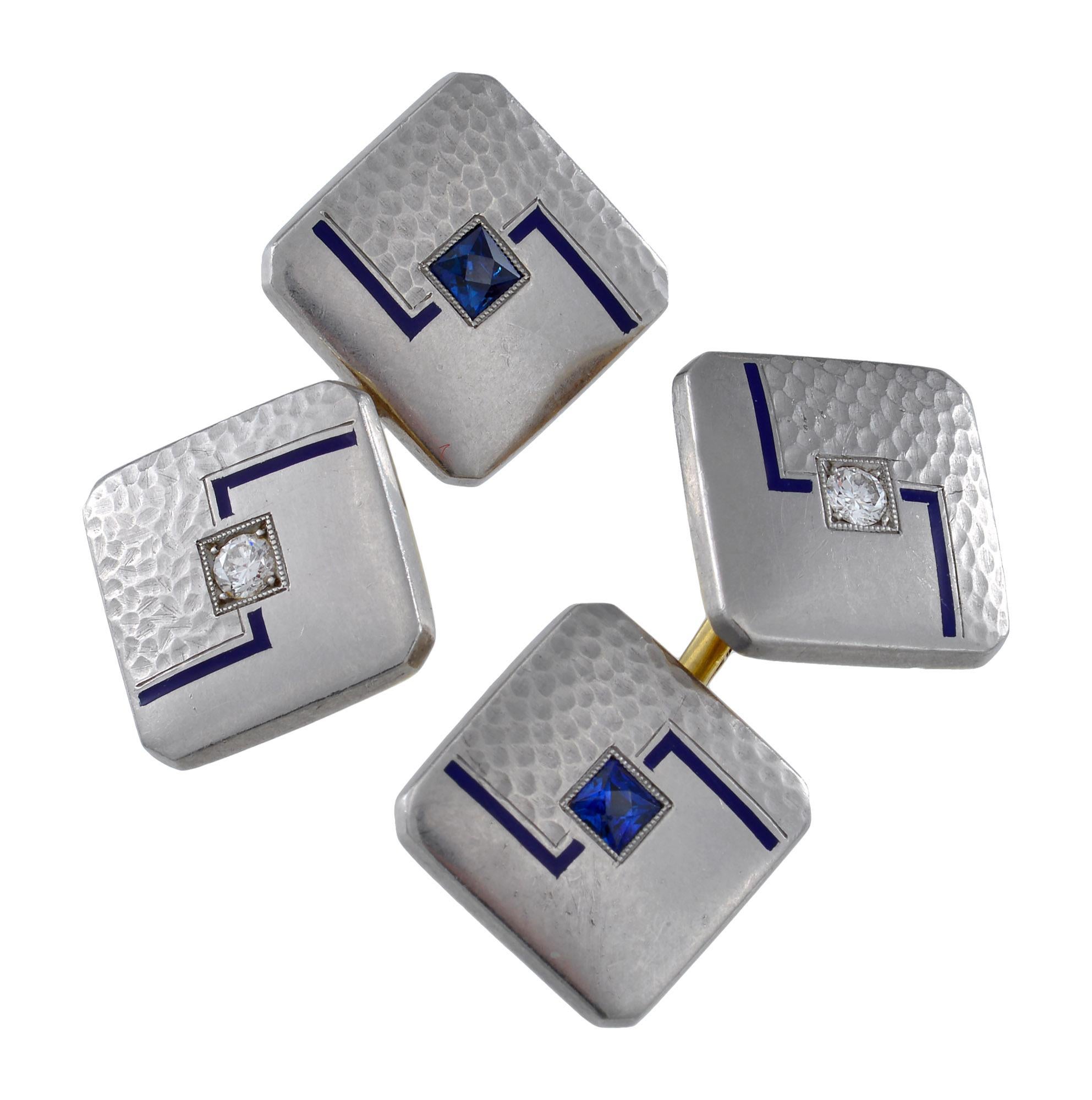 Men's Art Deco Platinum, Sapphire, Diamond and Enamel Cufflinks For Sale