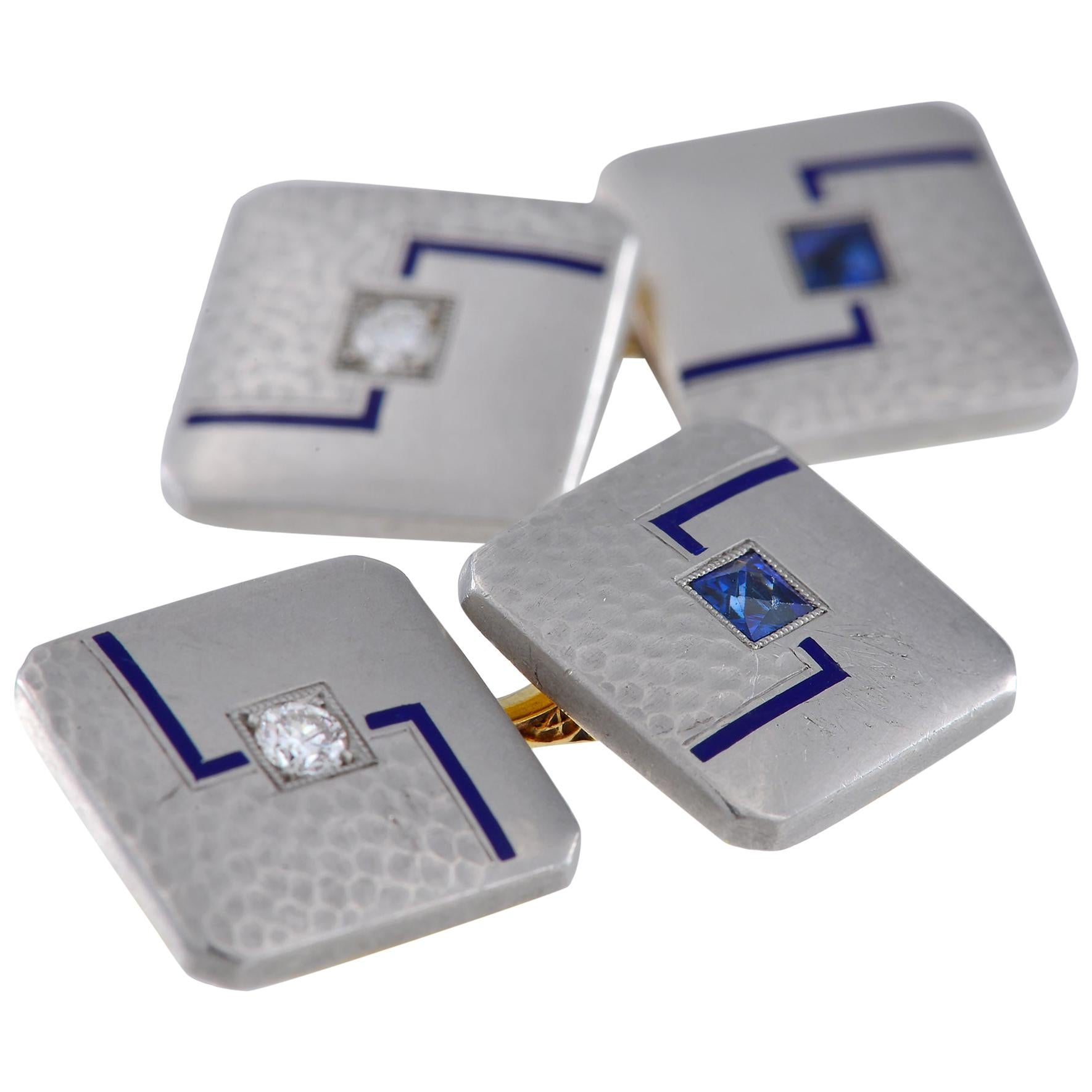 Art Deco Platinum, Sapphire, Diamond and Enamel Cufflinks For Sale