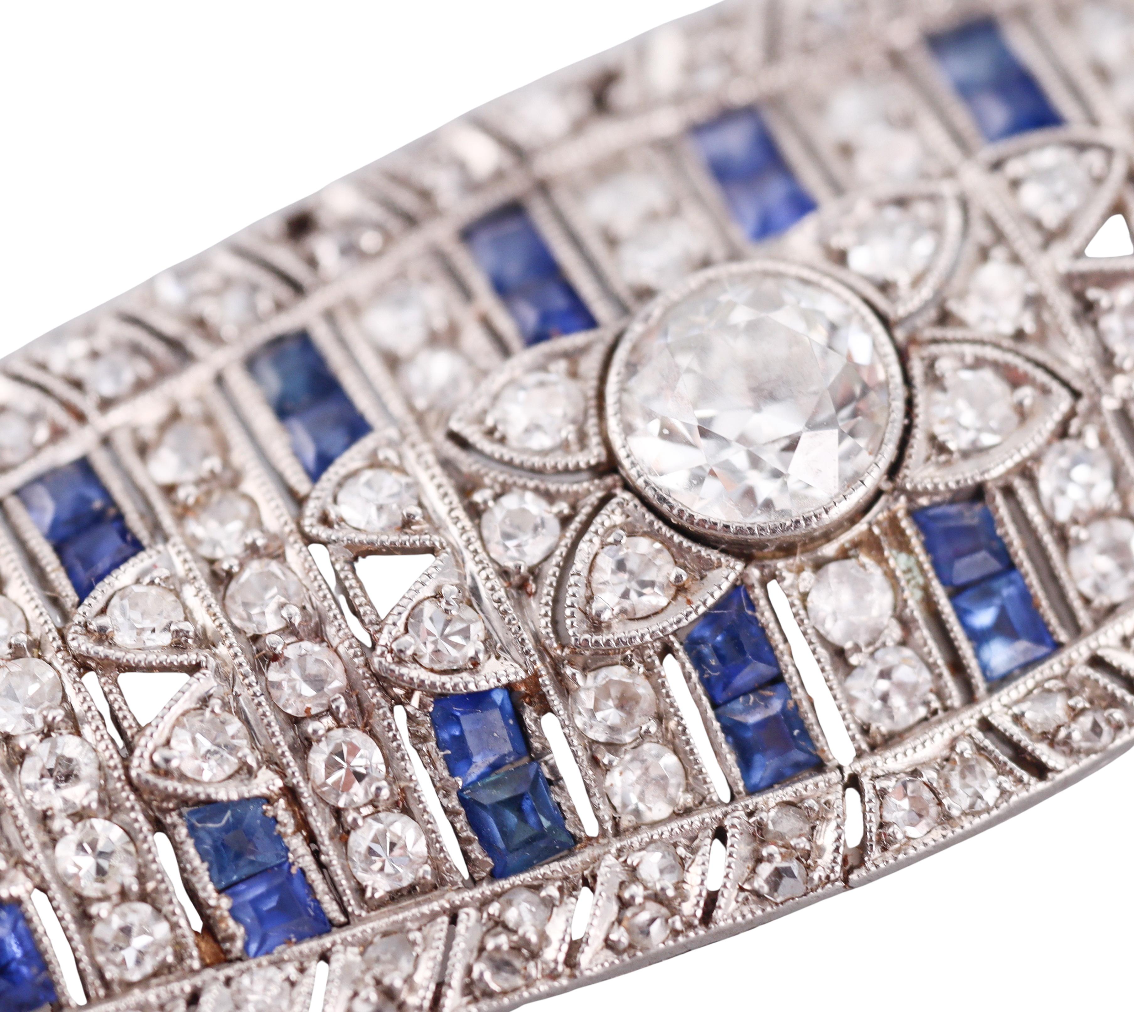 Art Deco Platinum Sapphire Diamond Brooch For Sale 1