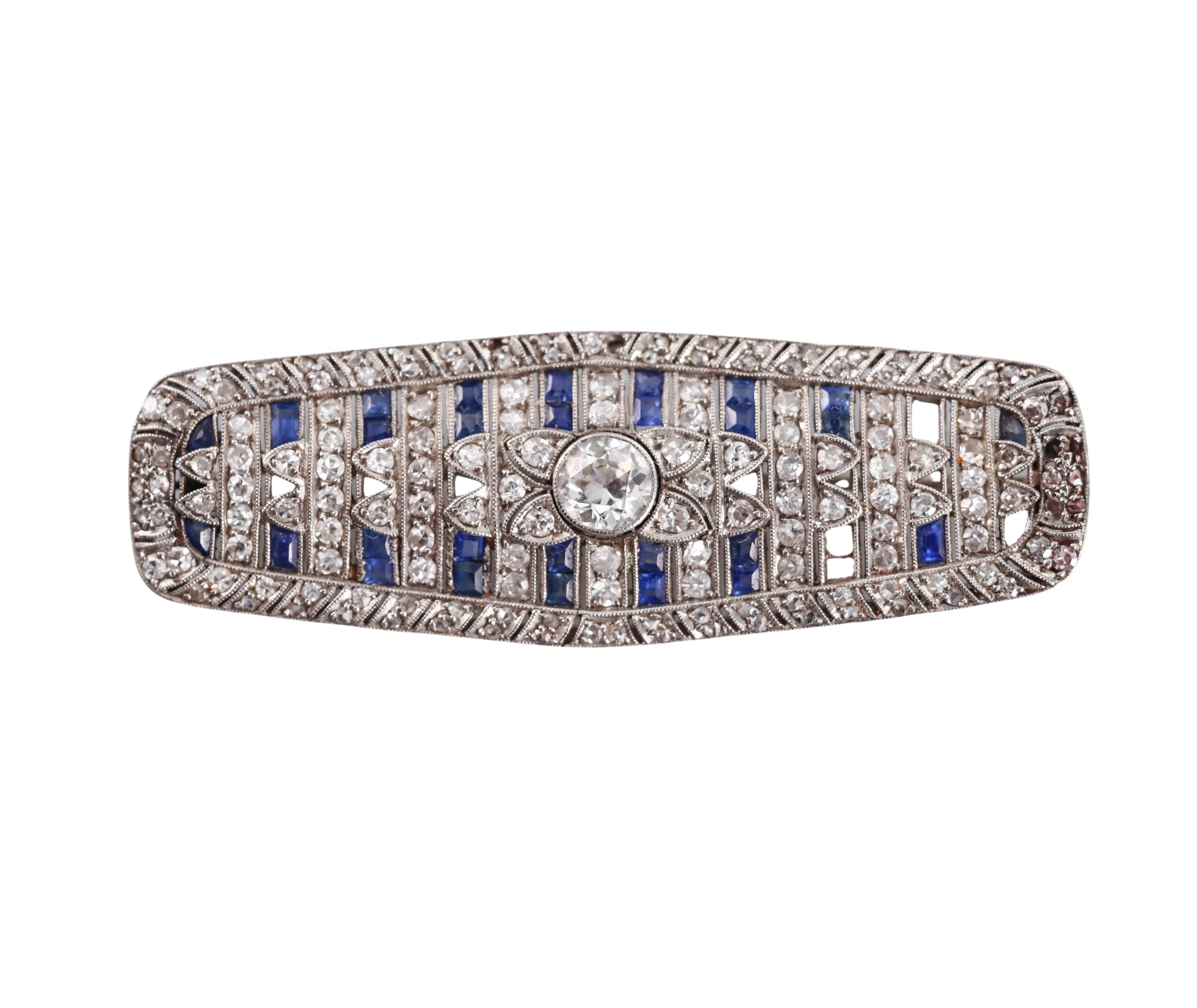 Art Deco Platinum Sapphire Diamond Brooch