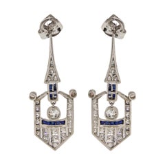 Art Deco Platinum Sapphire & Diamond Chandelier Drop Earrings