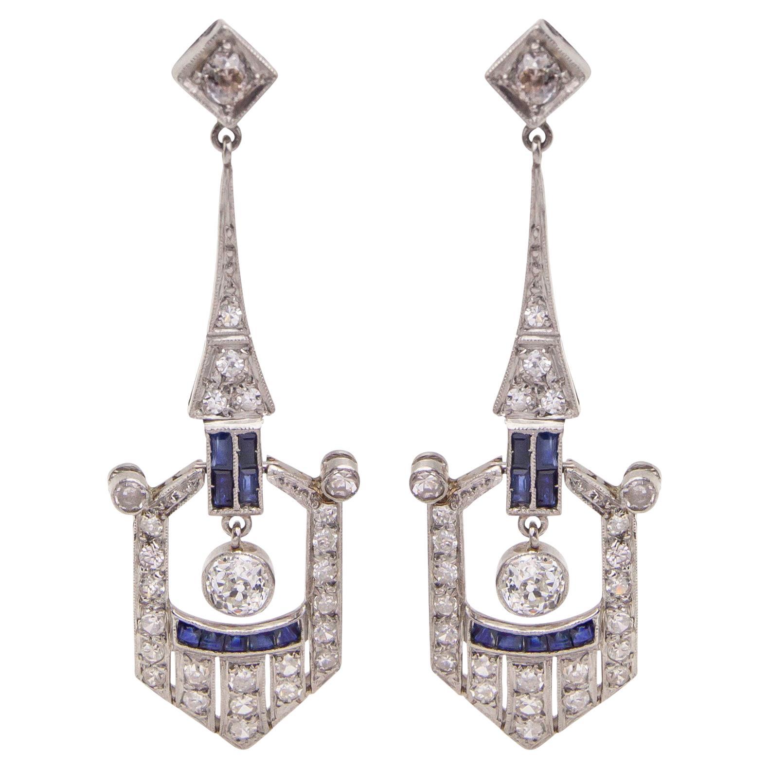 Art Deco Style Natural Ruby Diamond Platinum Dangle Drop Earrings For