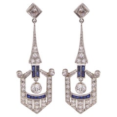 Vintage Art Deco Platinum Sapphire & Diamond Chandelier Drop Earrings