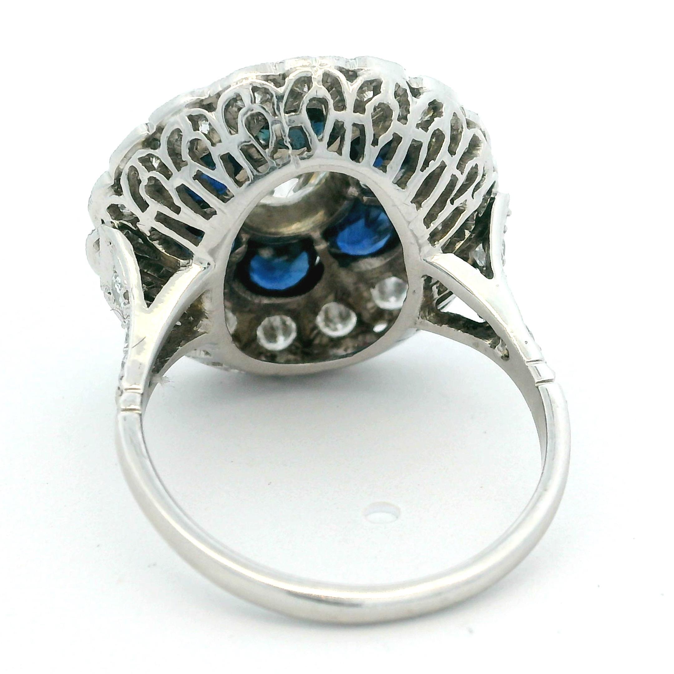Art Deco Platin Saphir & Diamant Cluster Ring, um 1930 im Angebot 1